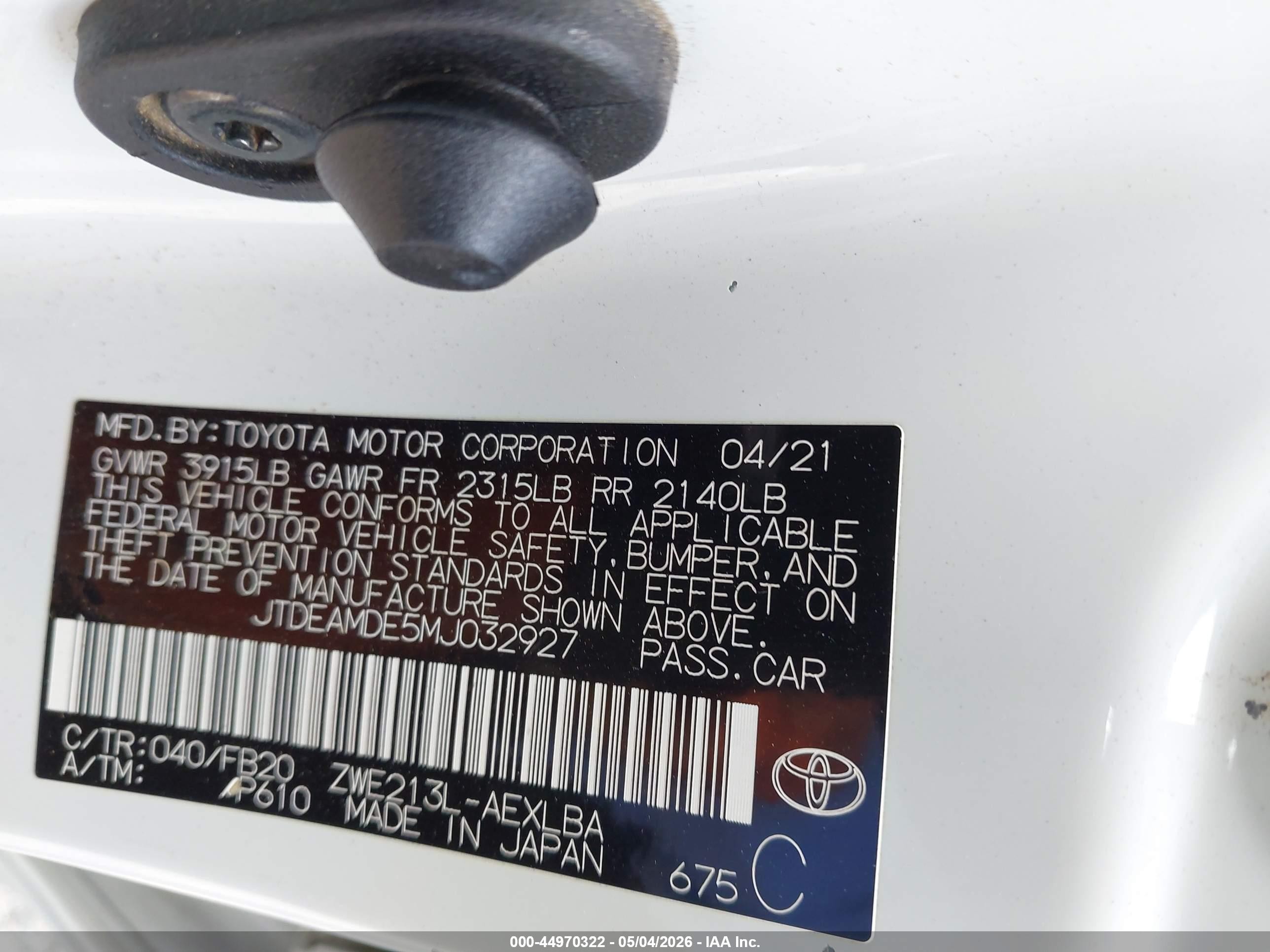 2021 Toyota Corolla Hybrid Le White vin: JTDEAMDE5MJ032927