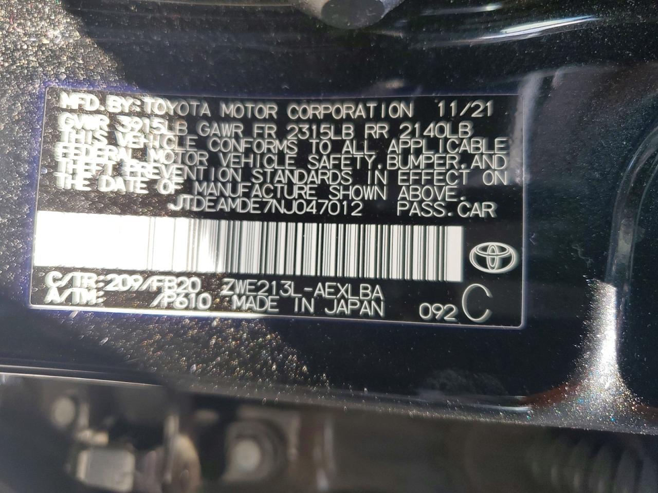 2022 Toyota Corolla Le Black vin: JTDEAMDE7NJ047012