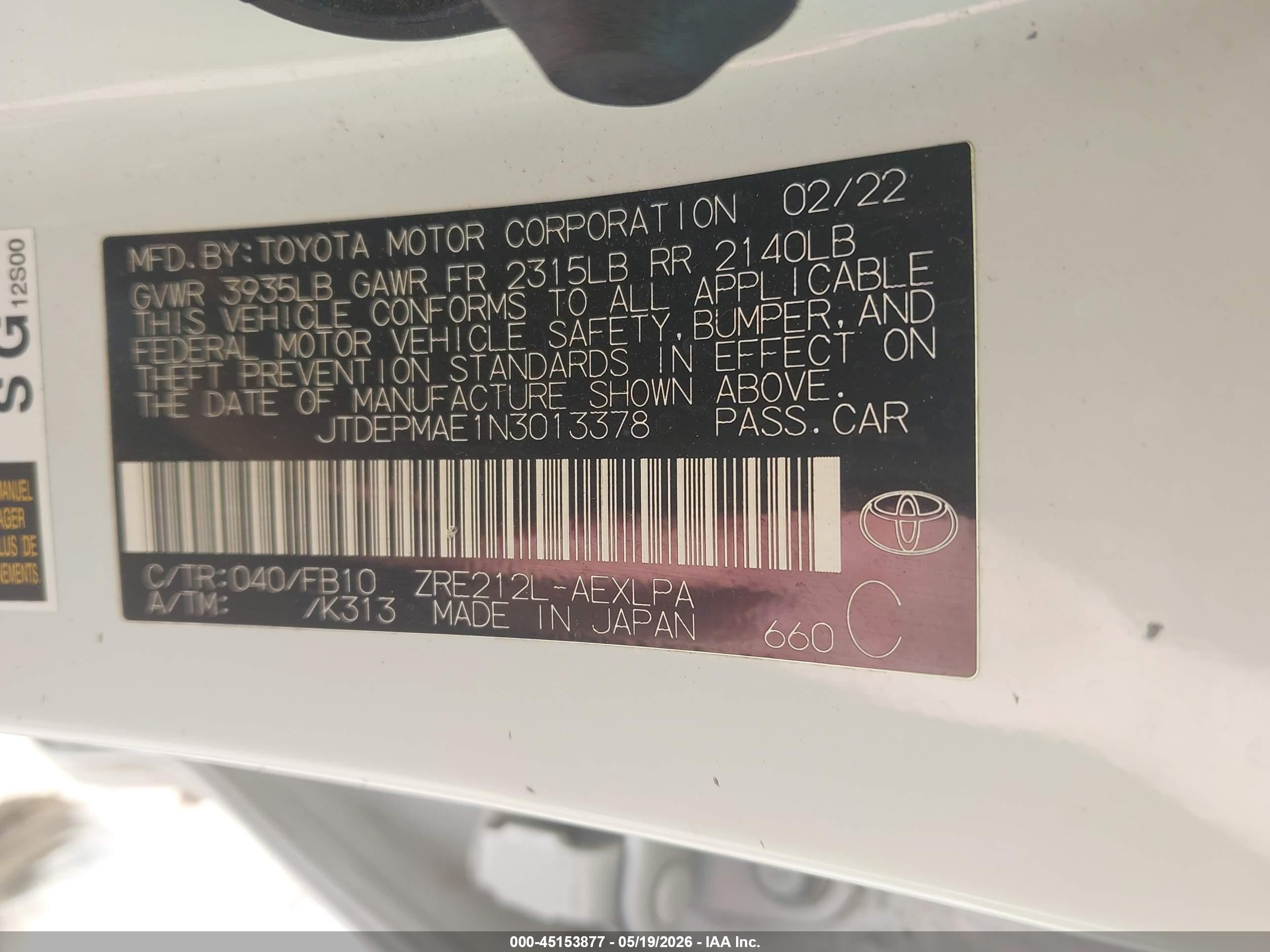 2022 Toyota Corolla Le White vin: JTDEPMAE1N3013378