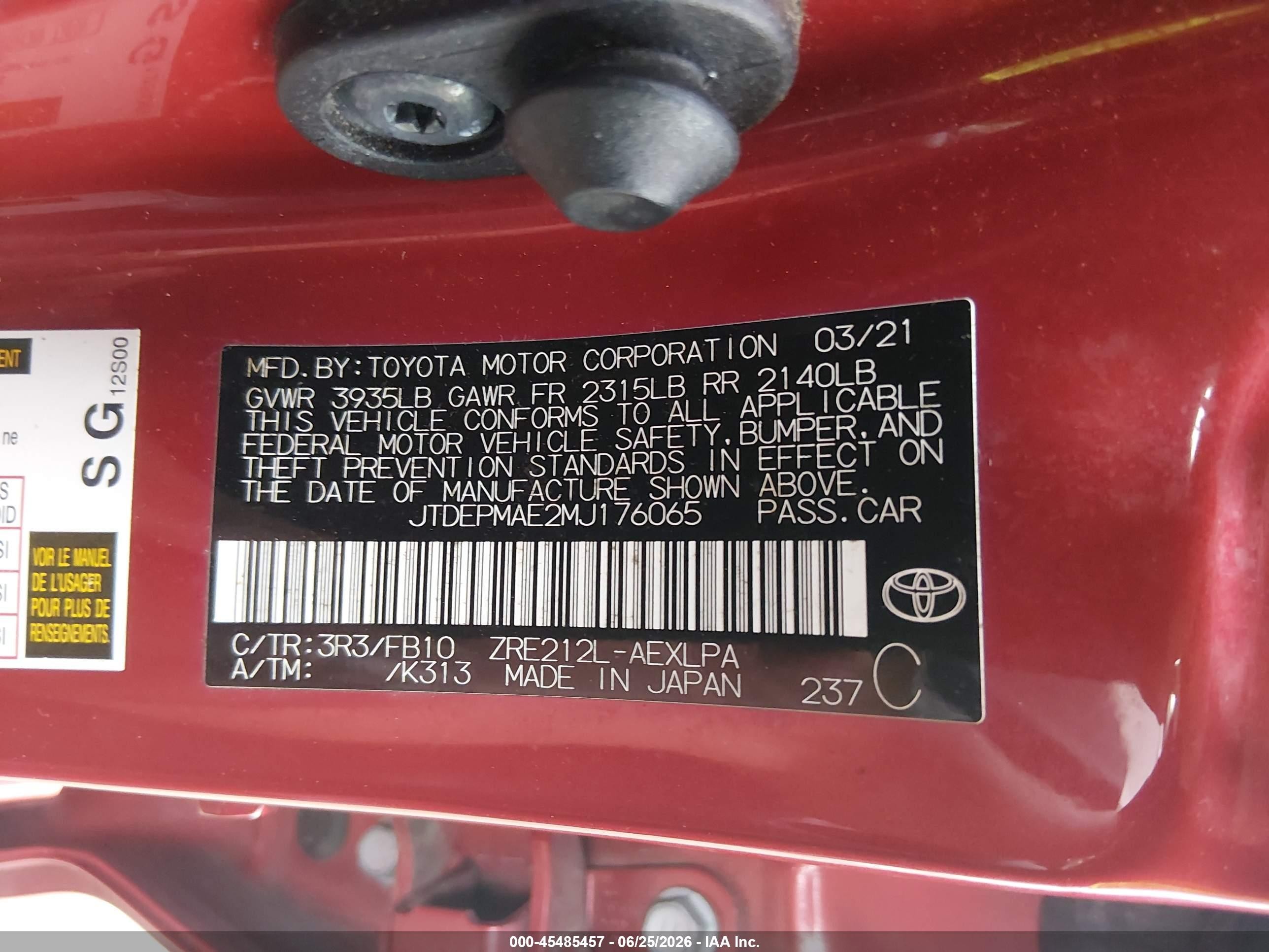 2021 Toyota Corolla Le Красный vin: JTDEPMAE2MJ176065