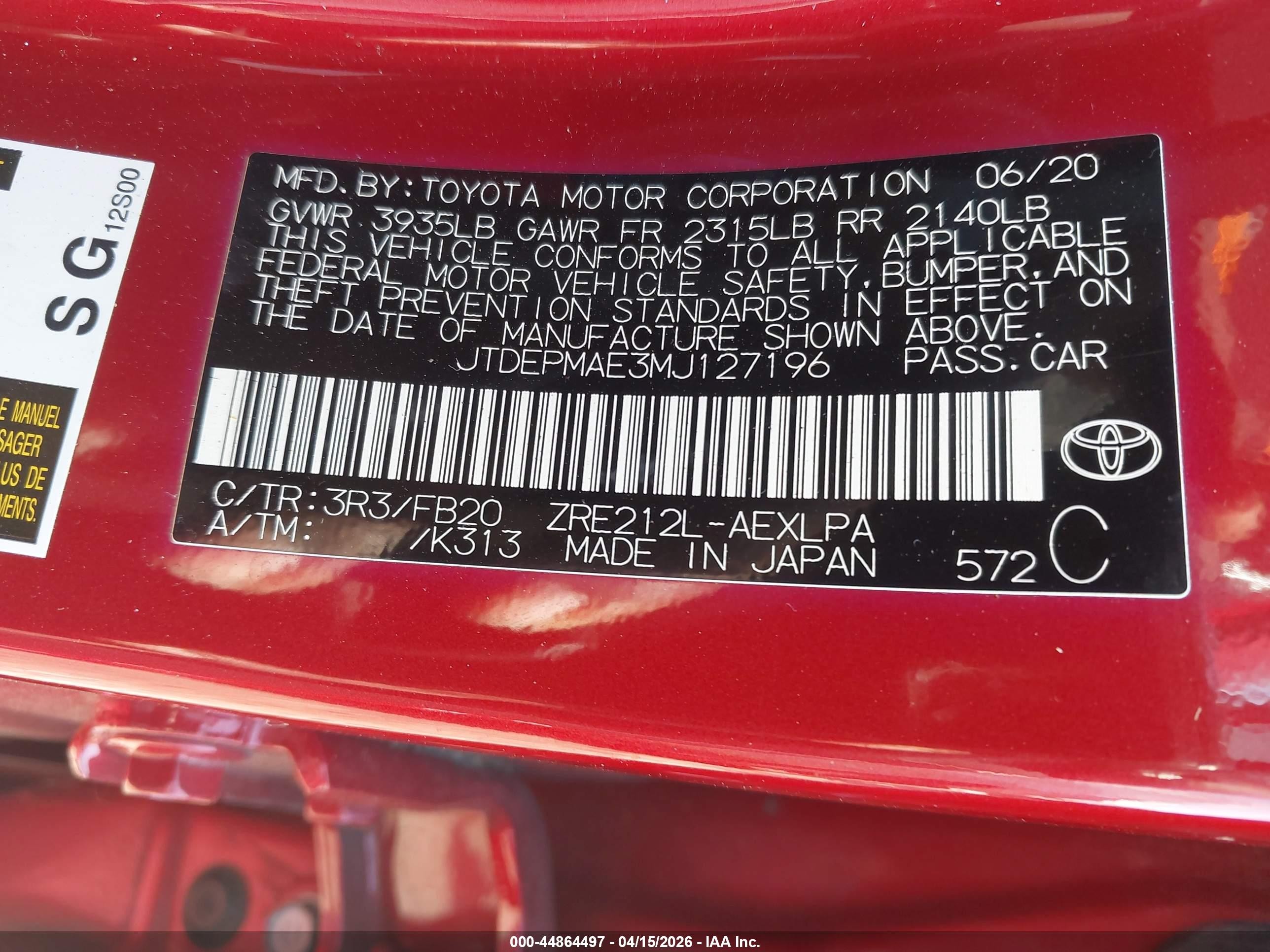 2021 Toyota Corolla Le Red vin: JTDEPMAE3MJ127196