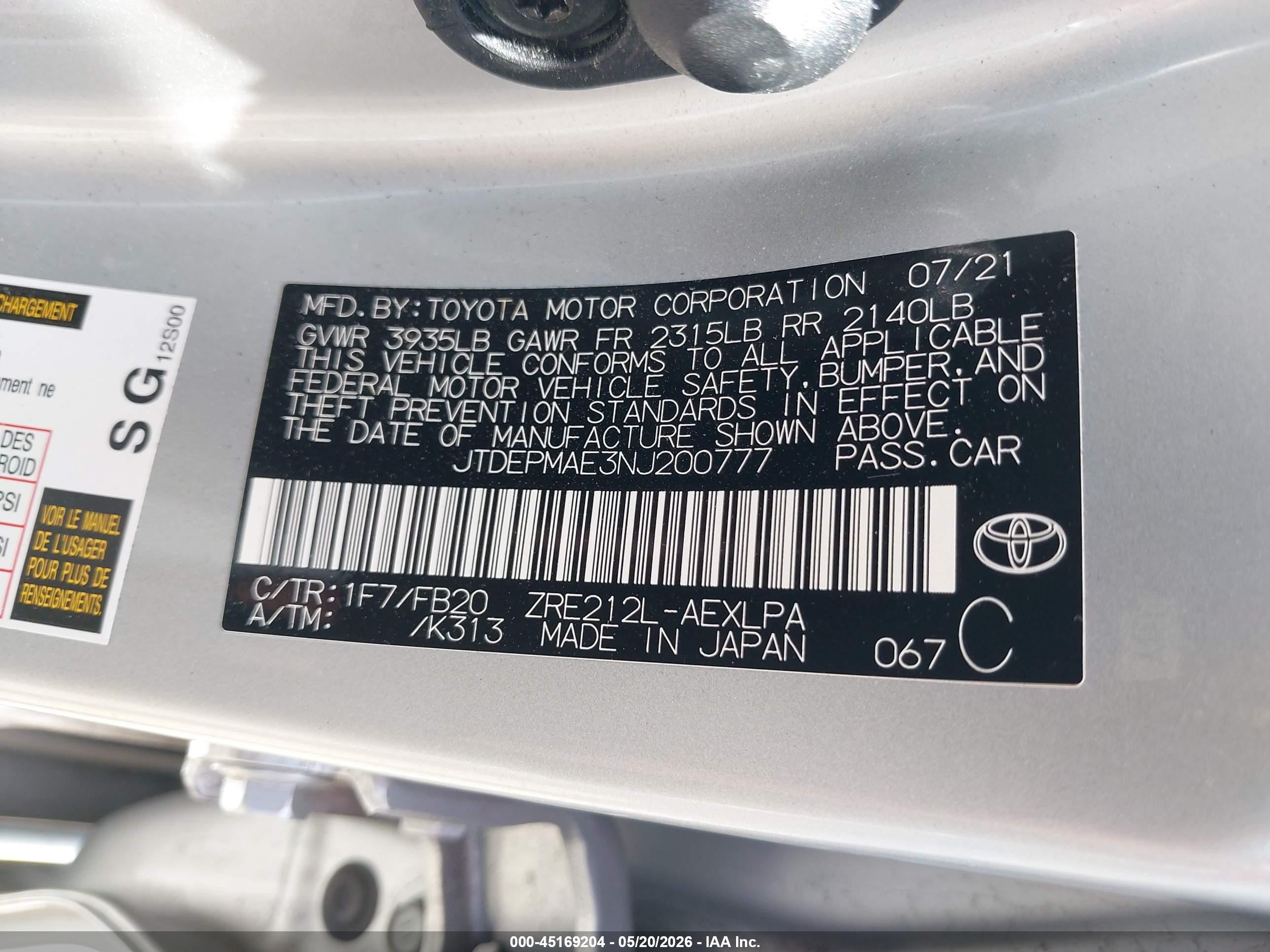 2022 Toyota Corolla Le Silver vin: JTDEPMAE3NJ200777