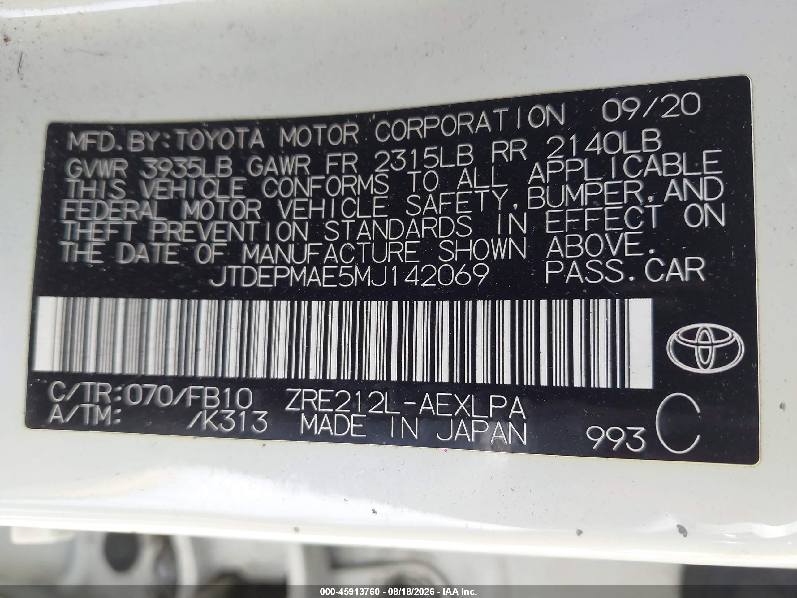 2021 Toyota Corolla Le White vin: JTDEPMAE5MJ142069