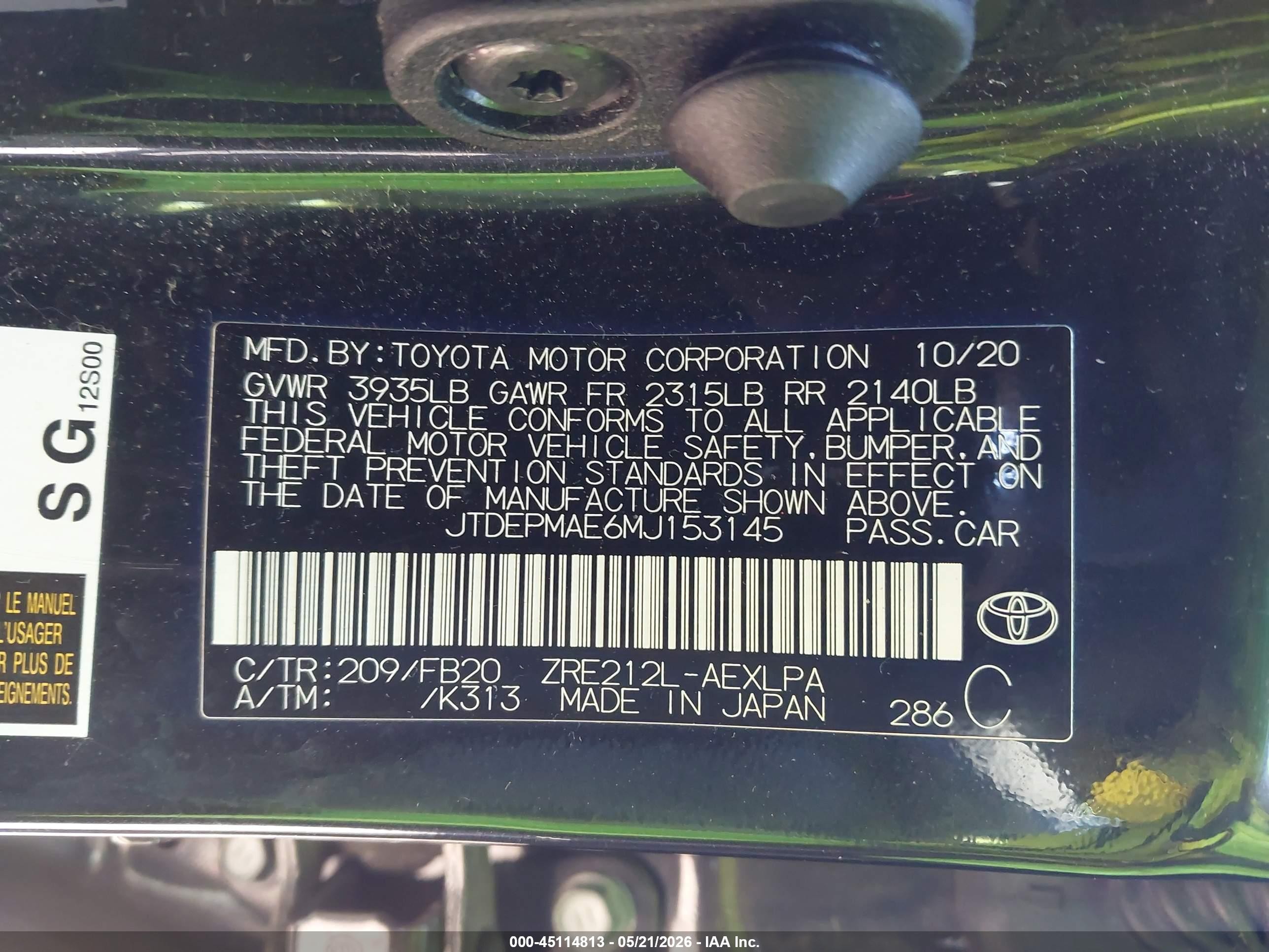 2021 Toyota Corolla Le Black vin: JTDEPMAE6MJ153145