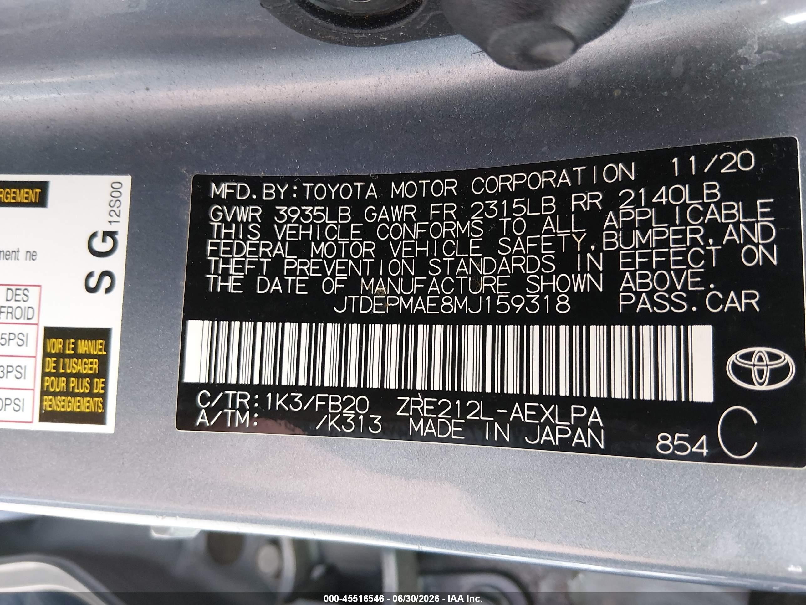 2021 Toyota Corolla Le Light Blue vin: JTDEPMAE8MJ159318
