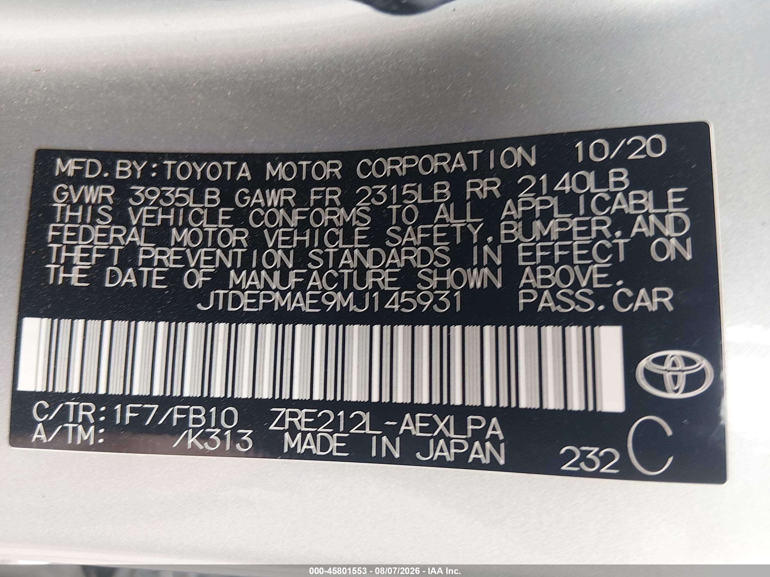 2021 Toyota Corolla Le Silver vin: JTDEPMAE9MJ145931