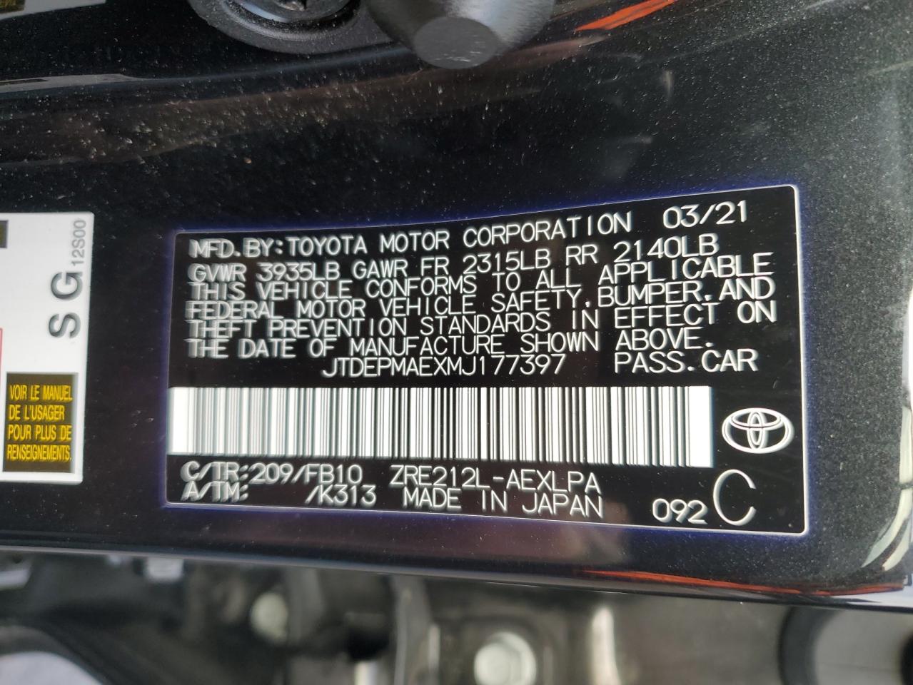 2021 Toyota Corolla Le Black vin: JTDEPMAEXMJ177397