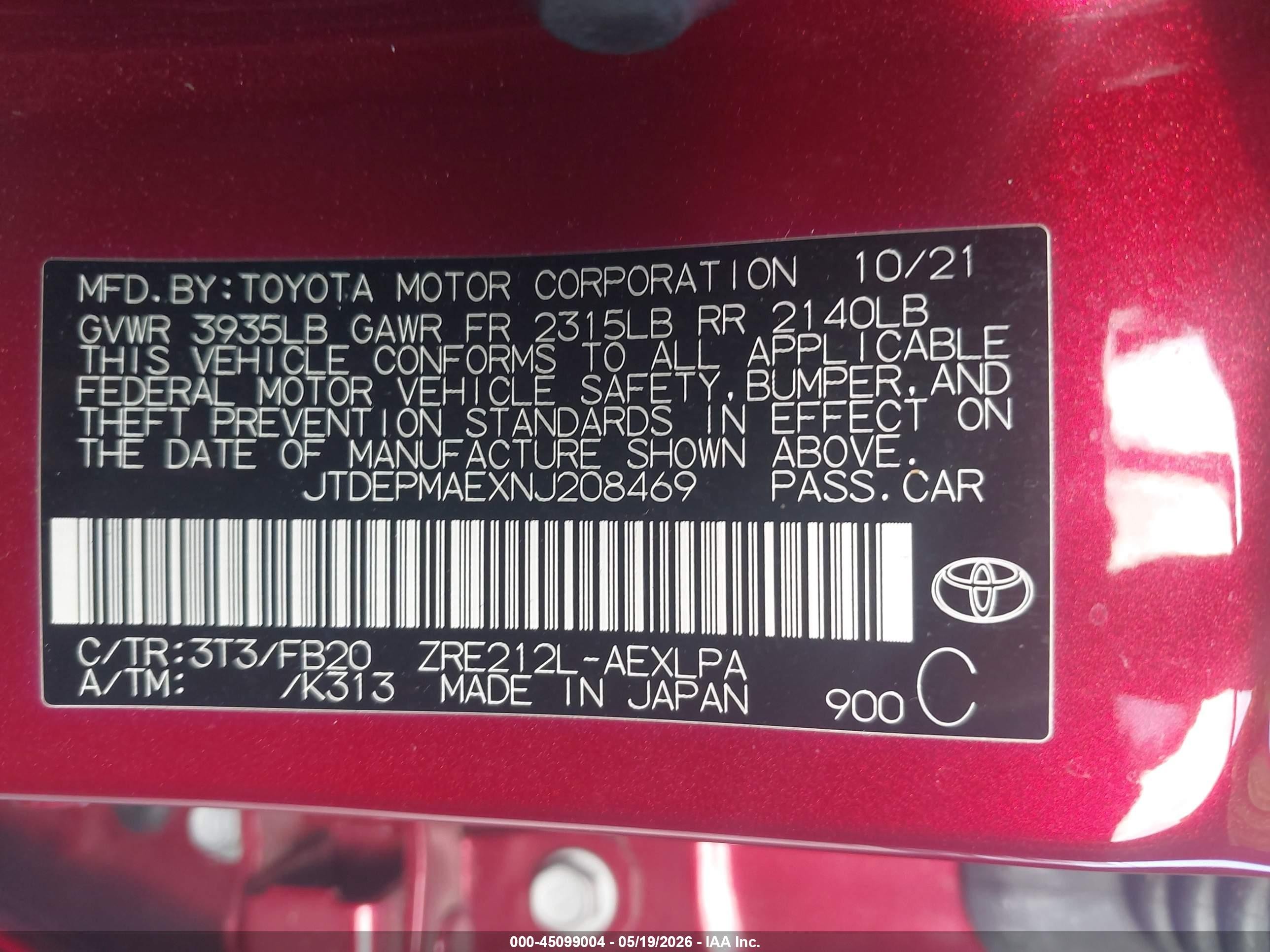 2022 Toyota Corolla Le Red vin: JTDEPMAEXNJ208469