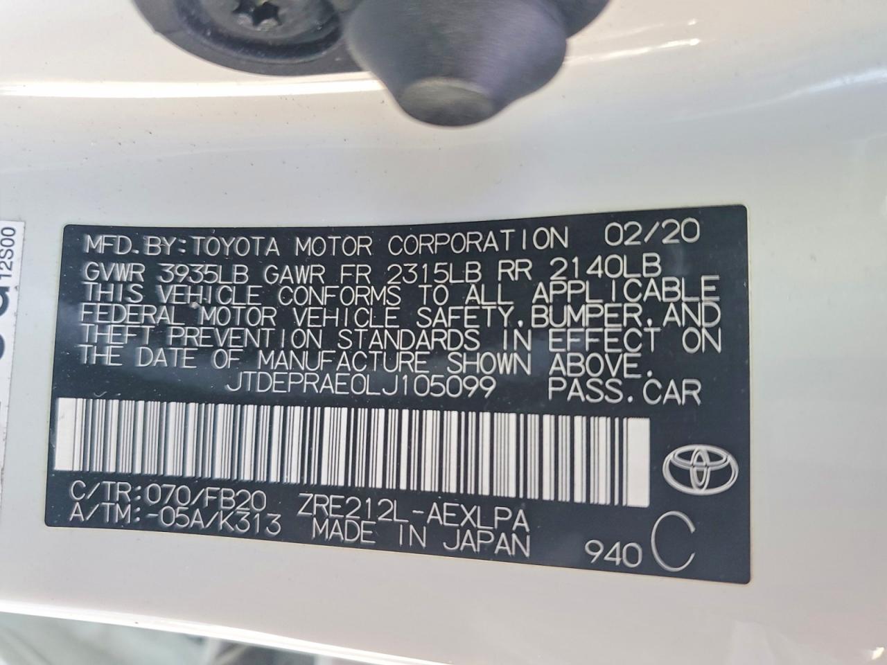 2020 Toyota Corolla Le White vin: JTDEPRAE0LJ105099