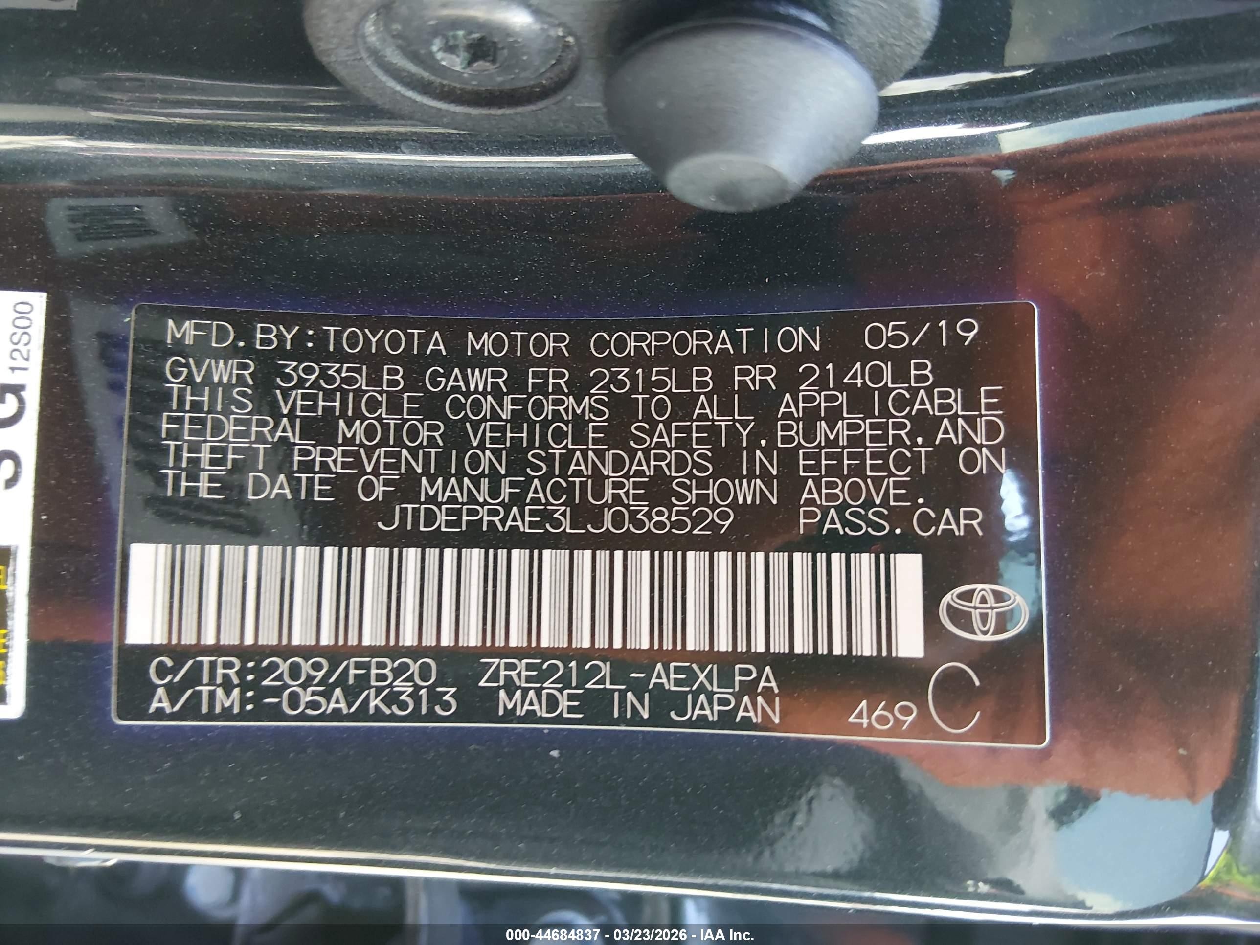 2020 Toyota Corolla Le Black vin: JTDEPRAE3LJ038529
