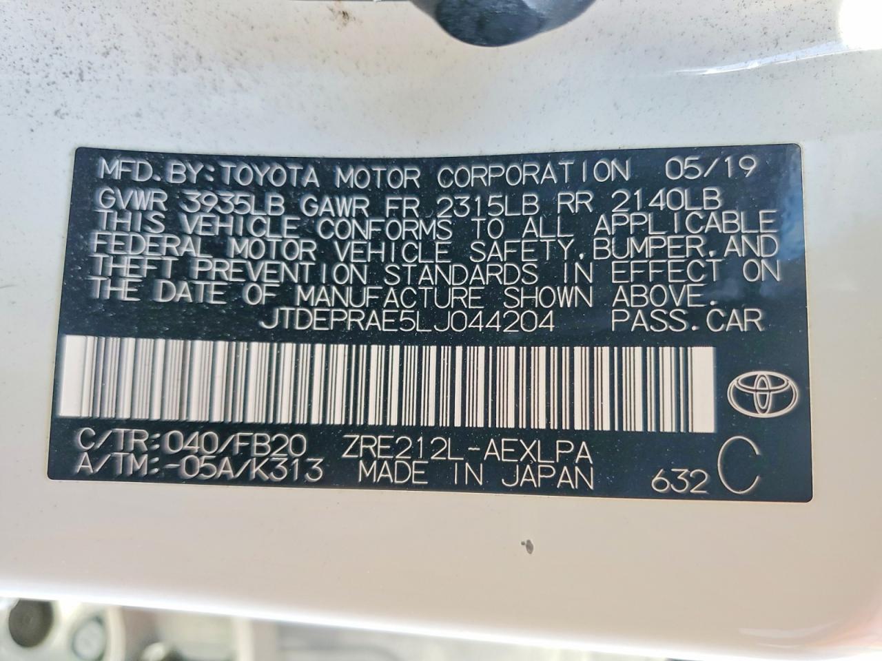 2020 Toyota Corolla Le White vin: JTDEPRAE5LJ044204