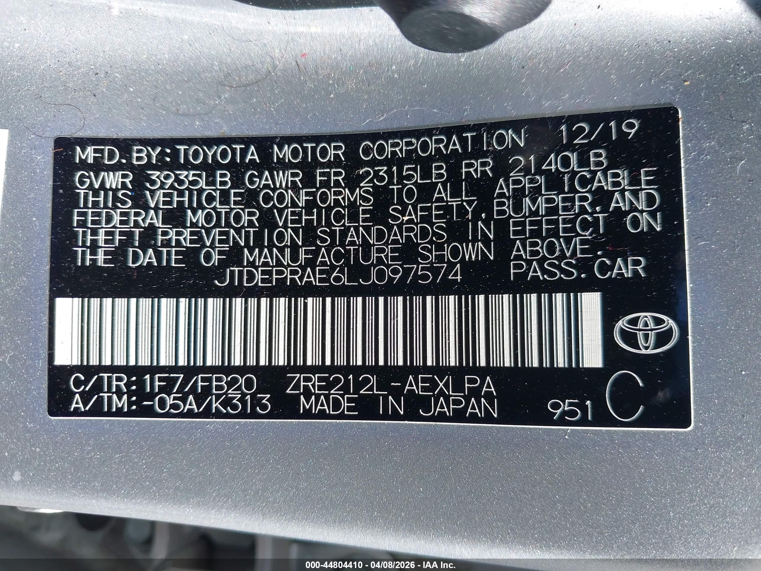2020 Toyota Corolla Le Silver vin: JTDEPRAE6LJ097574