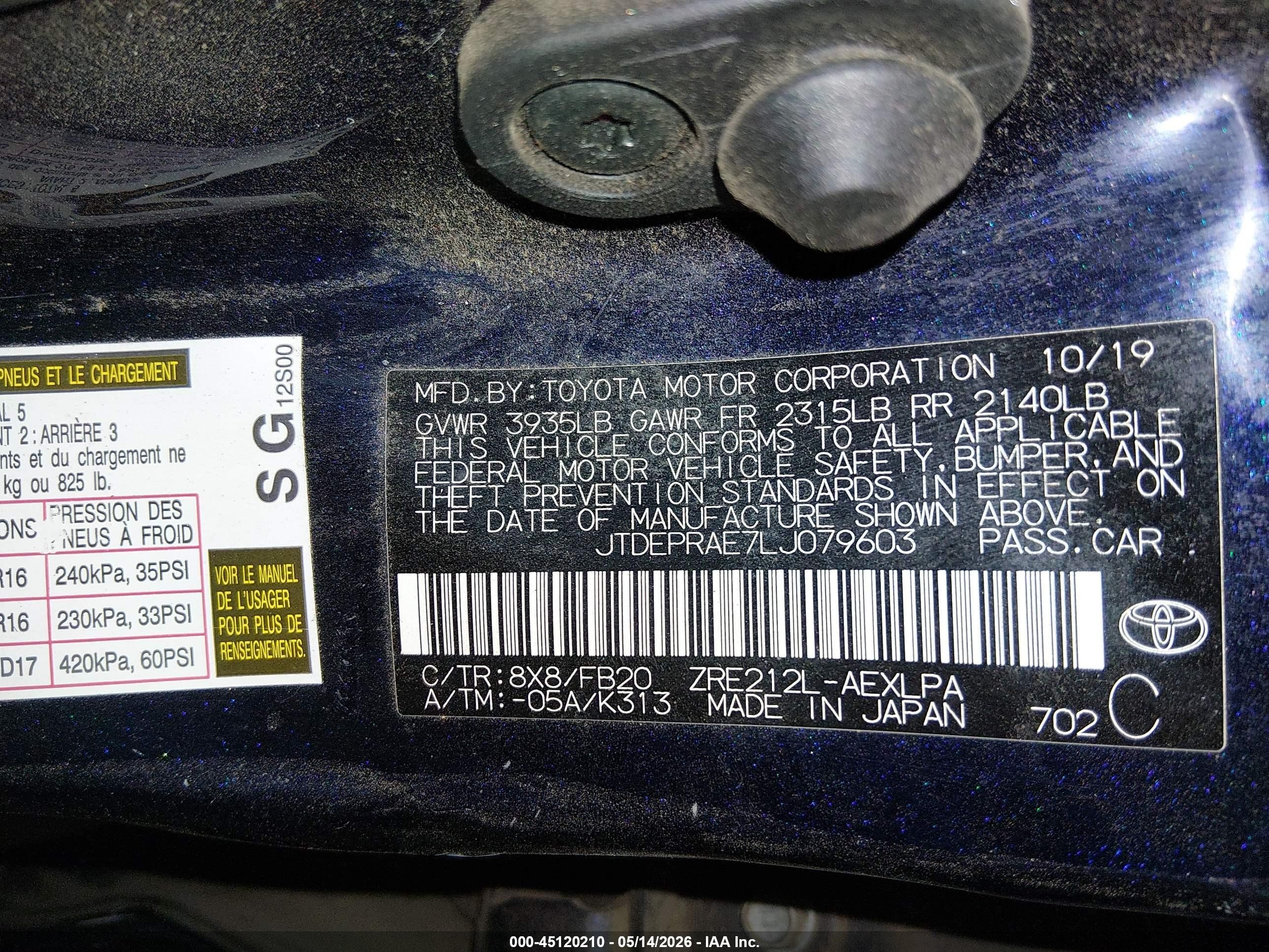 2020 Toyota Corolla Le Blue vin: JTDEPRAE7LJ079603