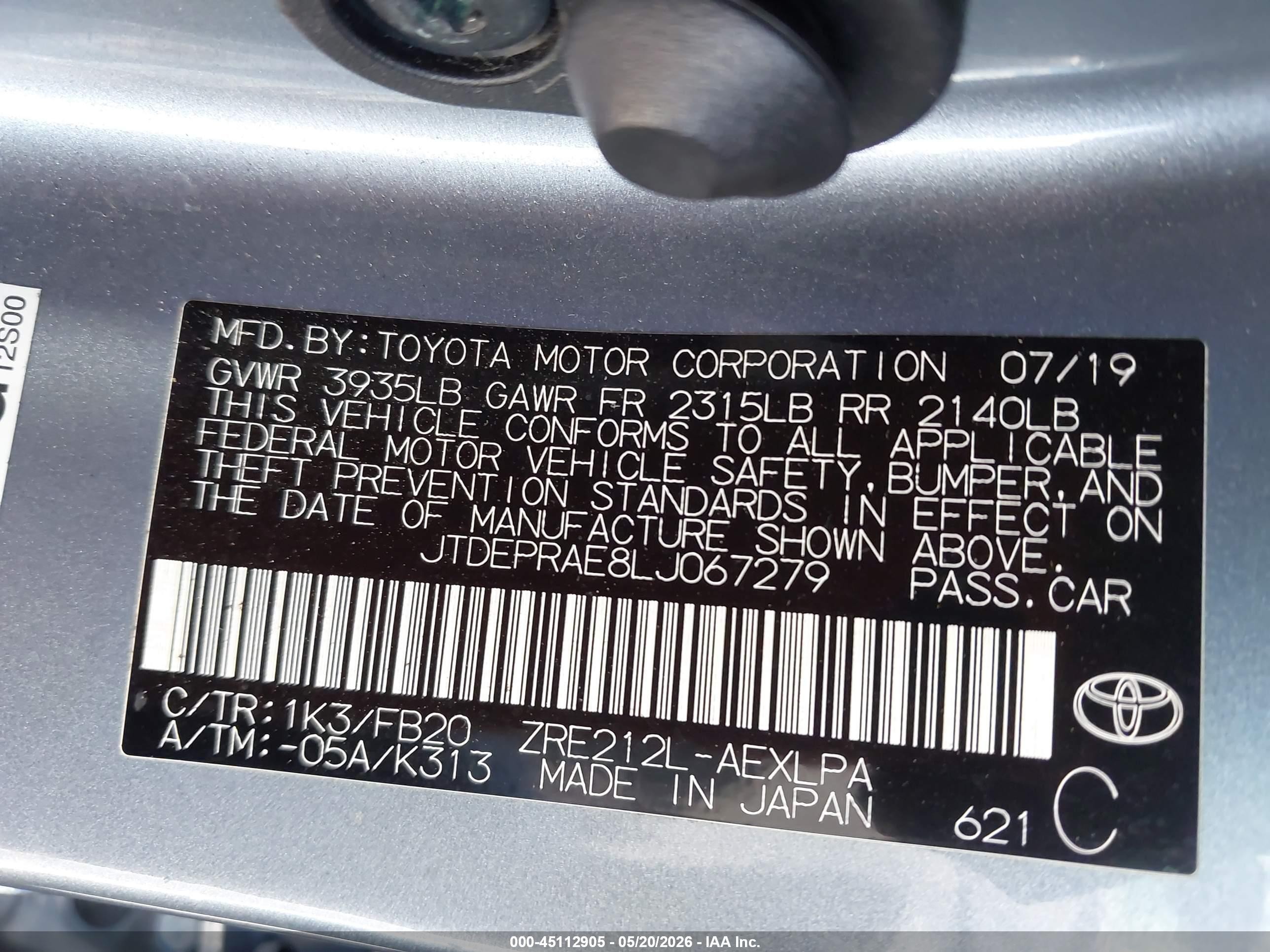 2020 Toyota Corolla Le Gray vin: JTDEPRAE8LJ067279