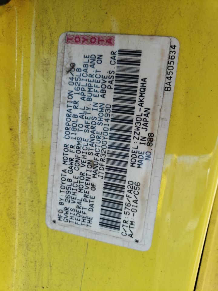2000 Toyota Mr2 Spyder Желтый vin: JTDFR3200Y0014930