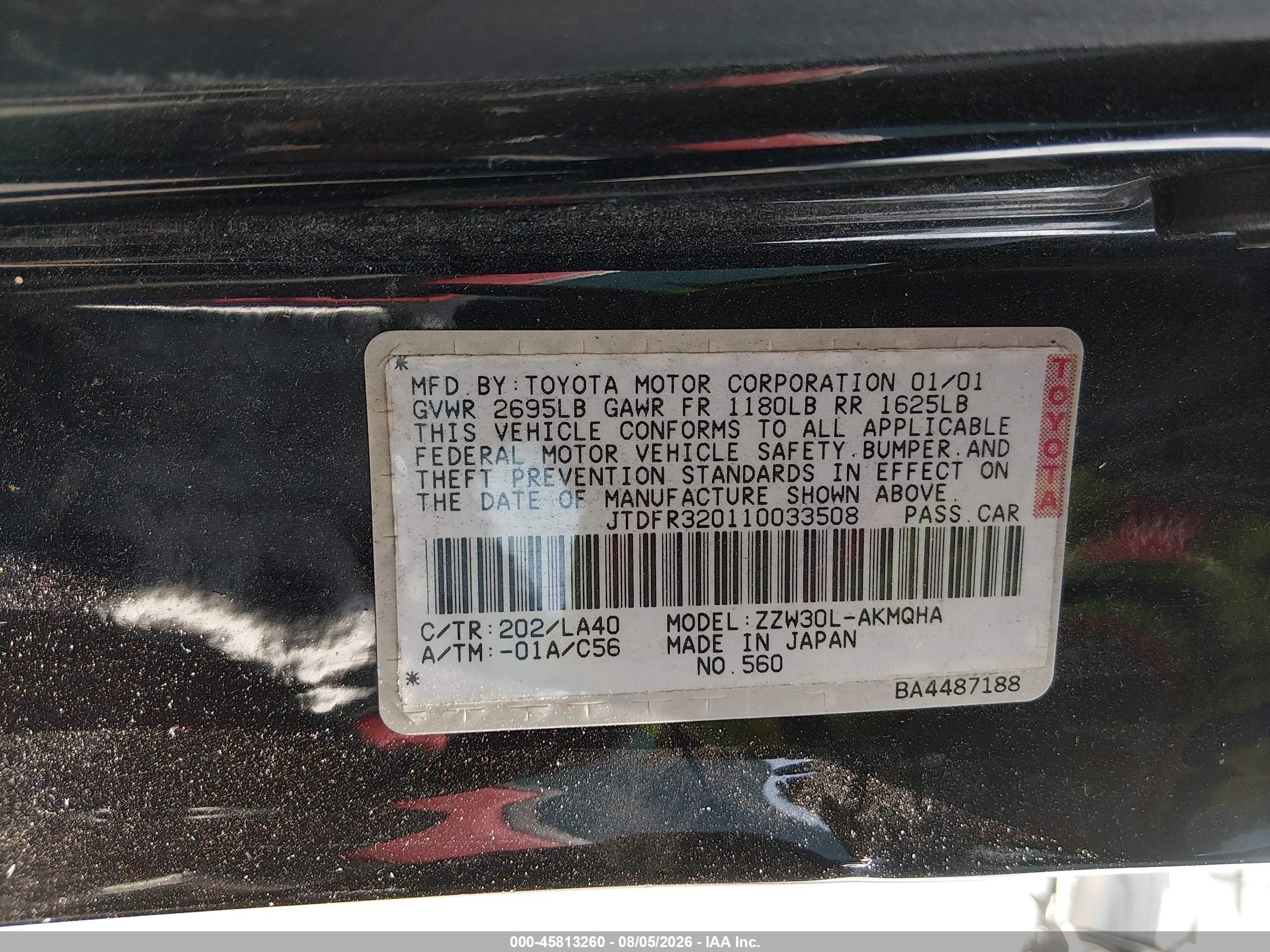 2001 Toyota Mr2 Spyder   Black vin: JTDFR320110033508