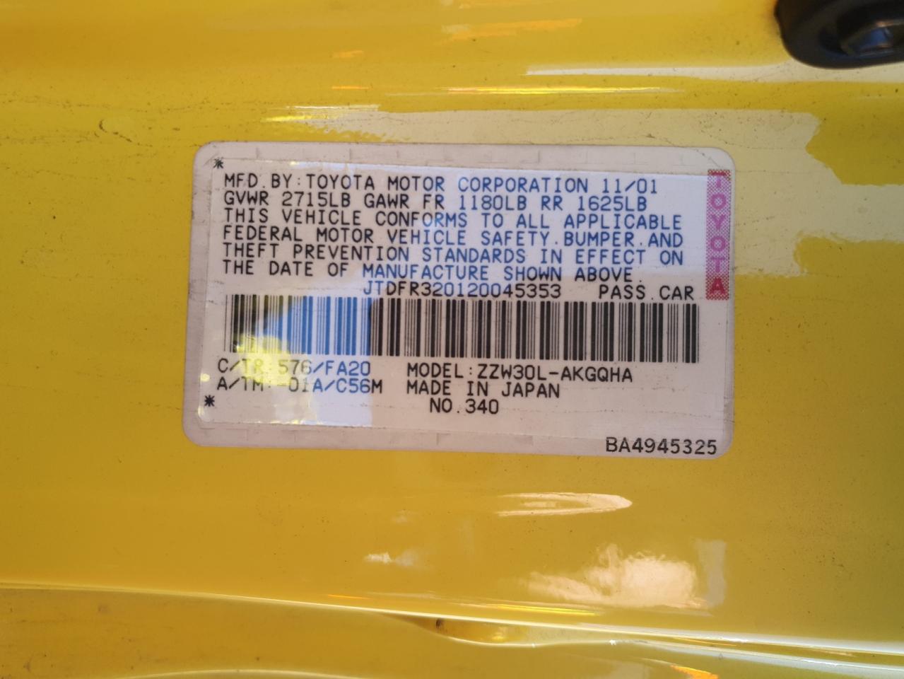 2002 Toyota Mr2 Spyder Yellow vin: JTDFR320120045353