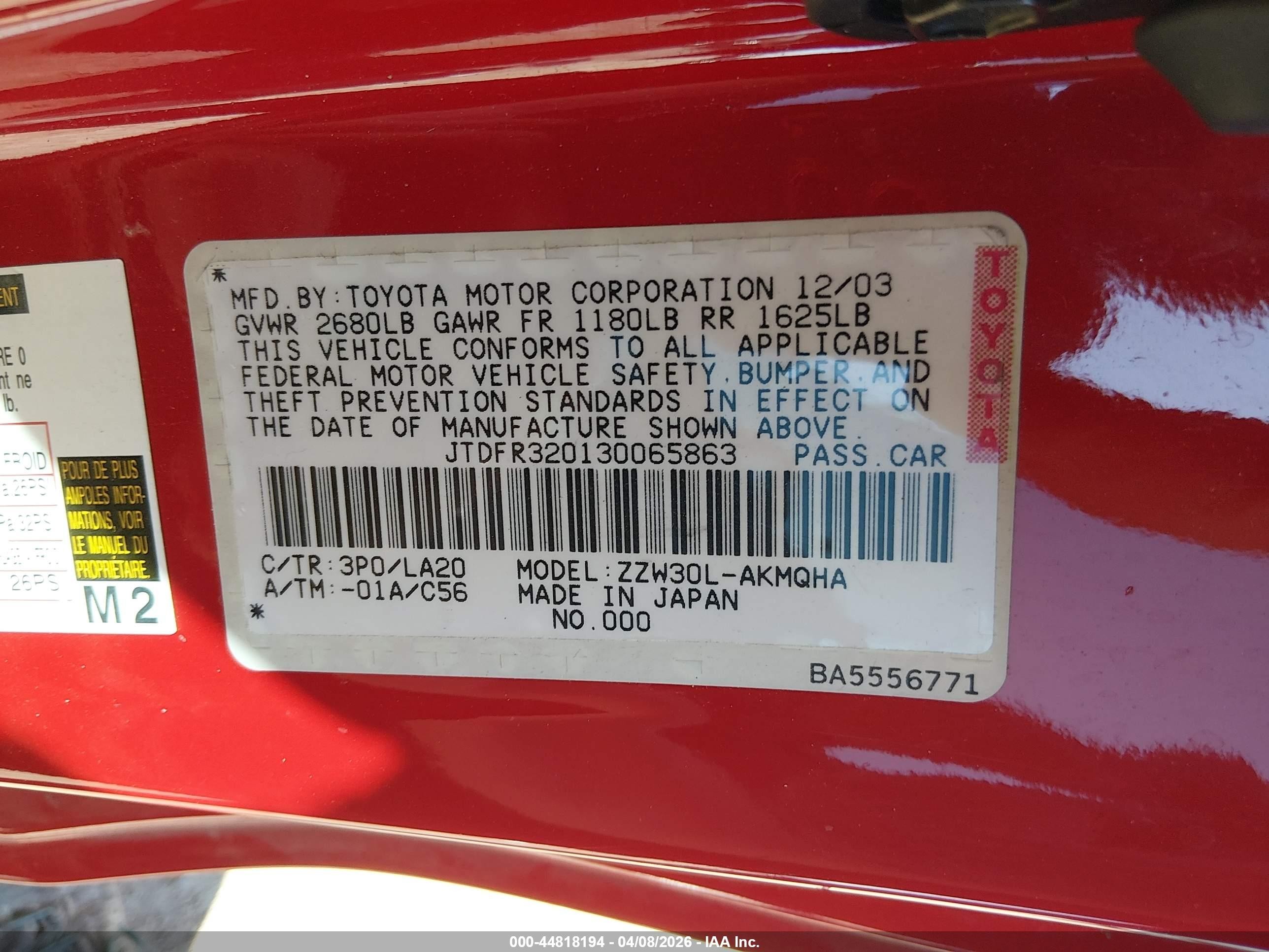 2003 Toyota Mr2 Spyder   Red vin: JTDFR320130065863