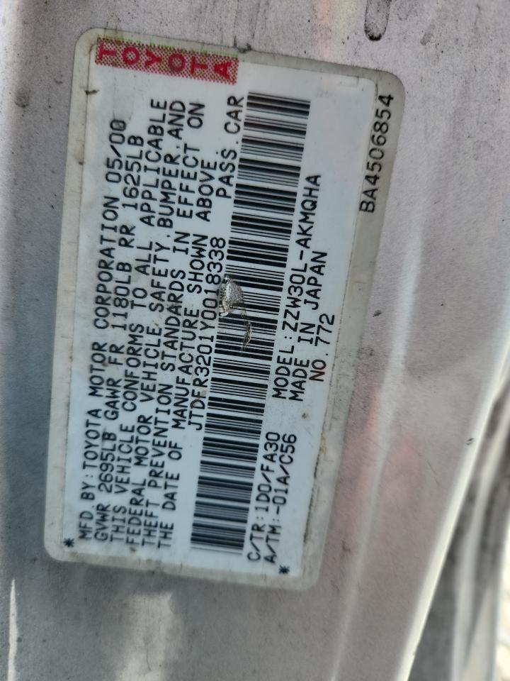 2000 Toyota Mr2 Spyder Silver vin: JTDFR3201Y0018338