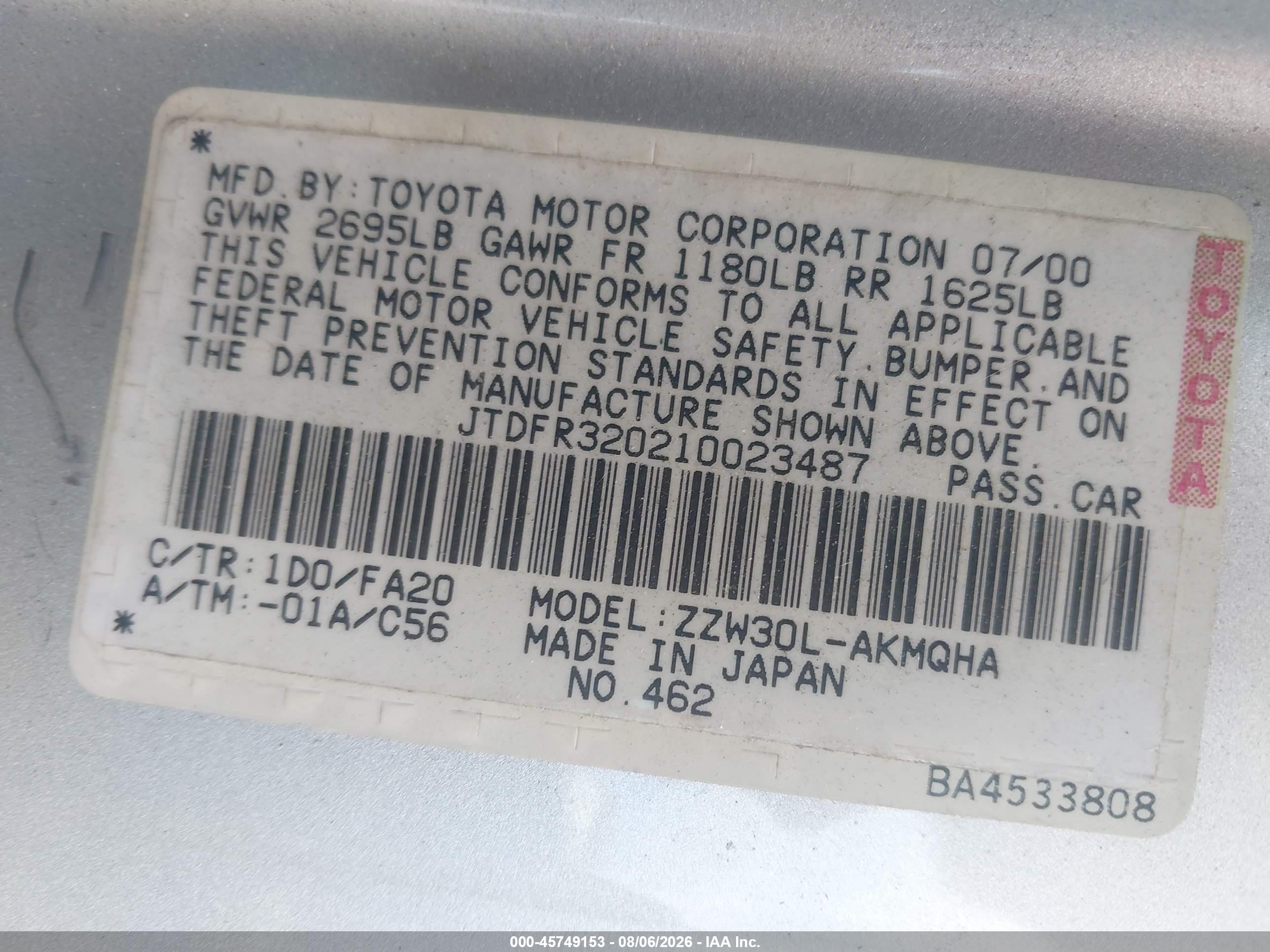2001 Toyota Mr2 Spyder   Silver vin: JTDFR320210023487