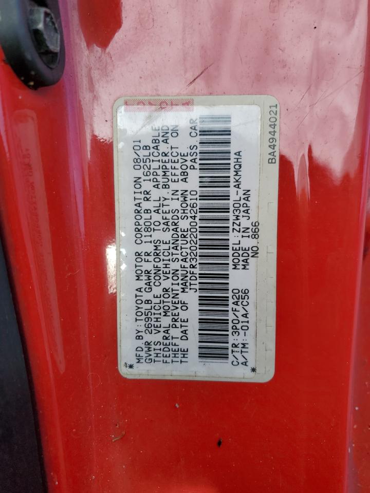 2002 Toyota Mr2 Spyder Red vin: JTDFR320220042610