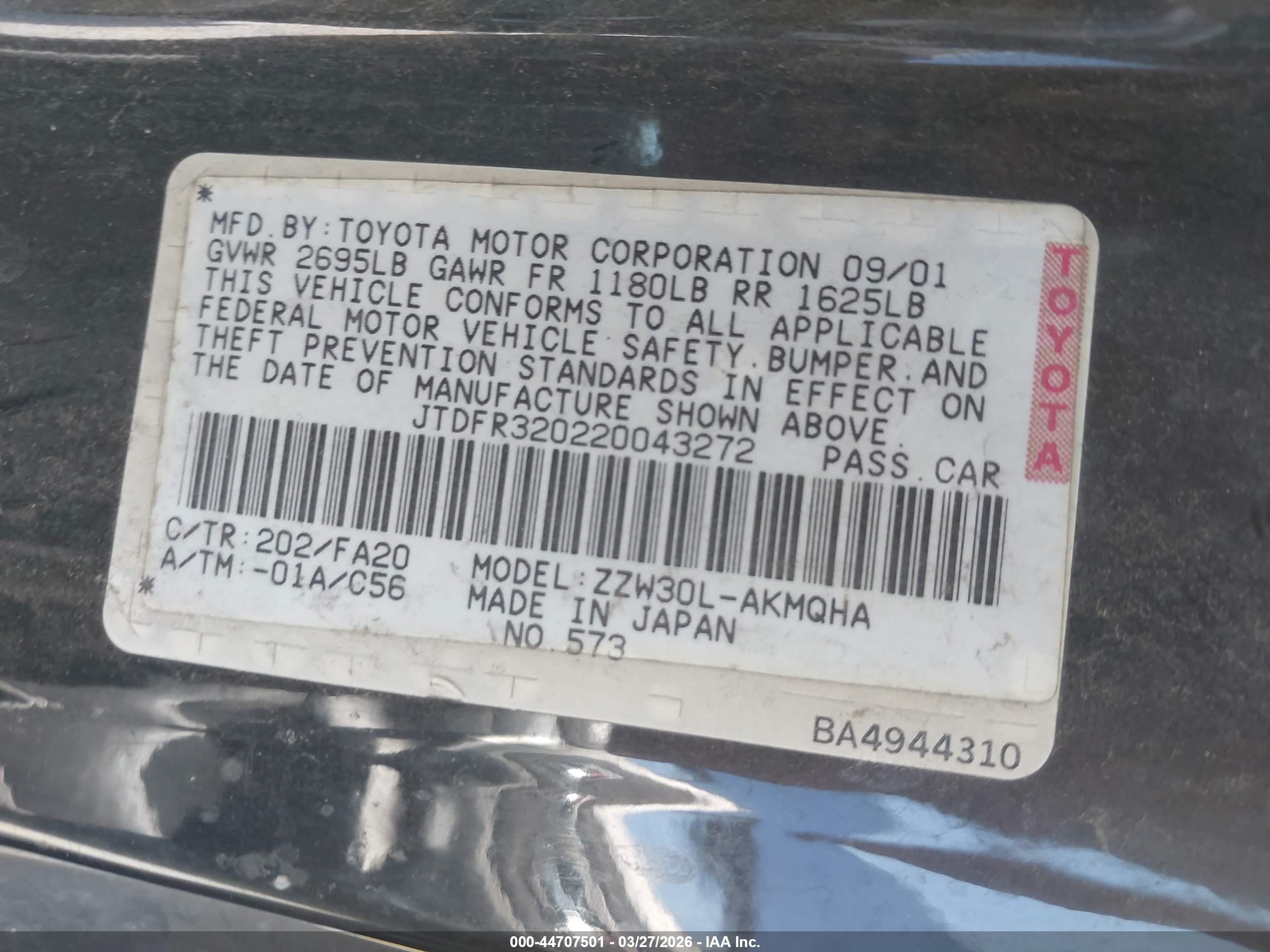 2002 Toyota Mr2 Spyder   Black vin: JTDFR320220043272