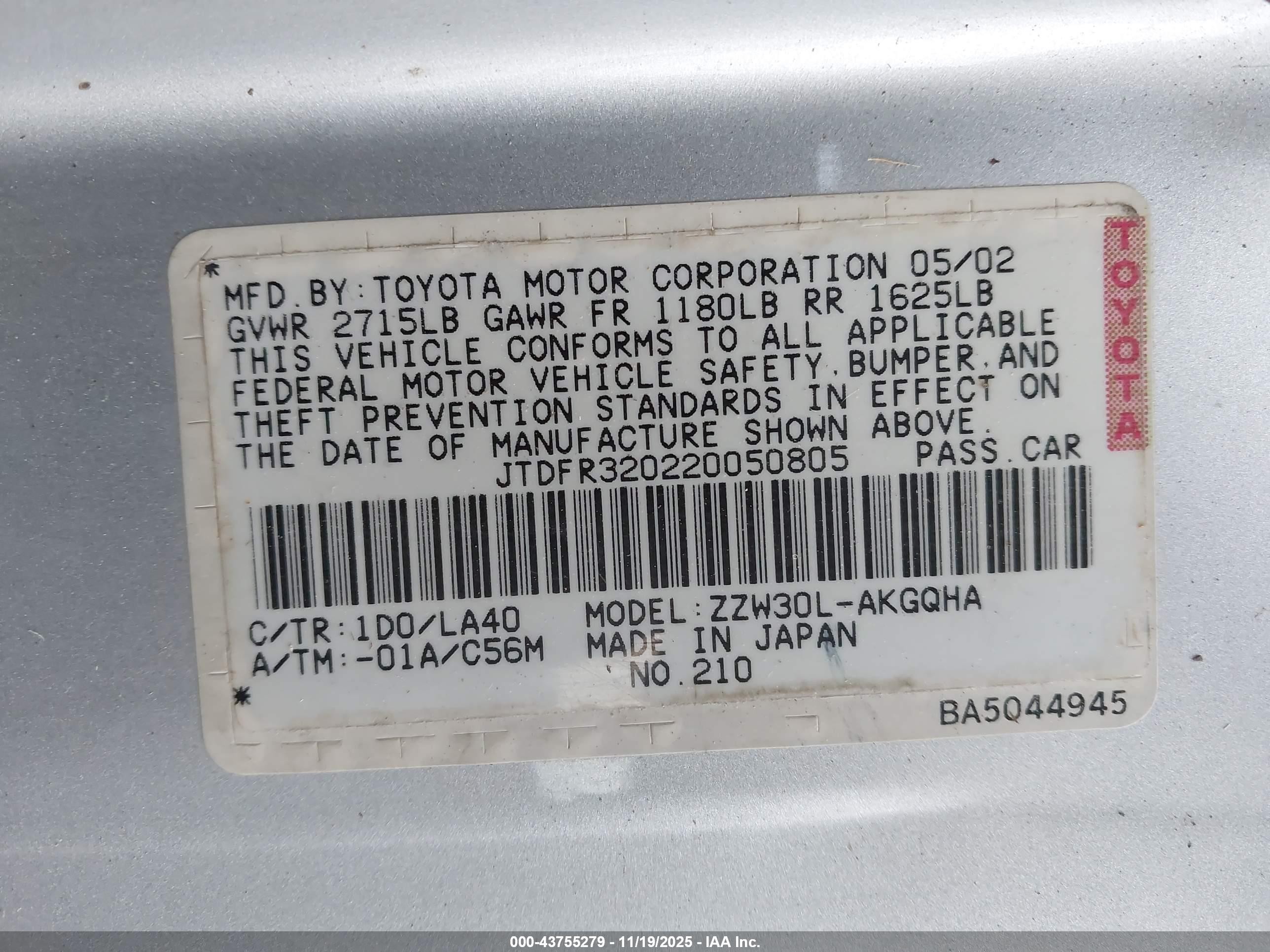 2002 Toyota Mr2 Spyder   Silver vin: JTDFR320220050805