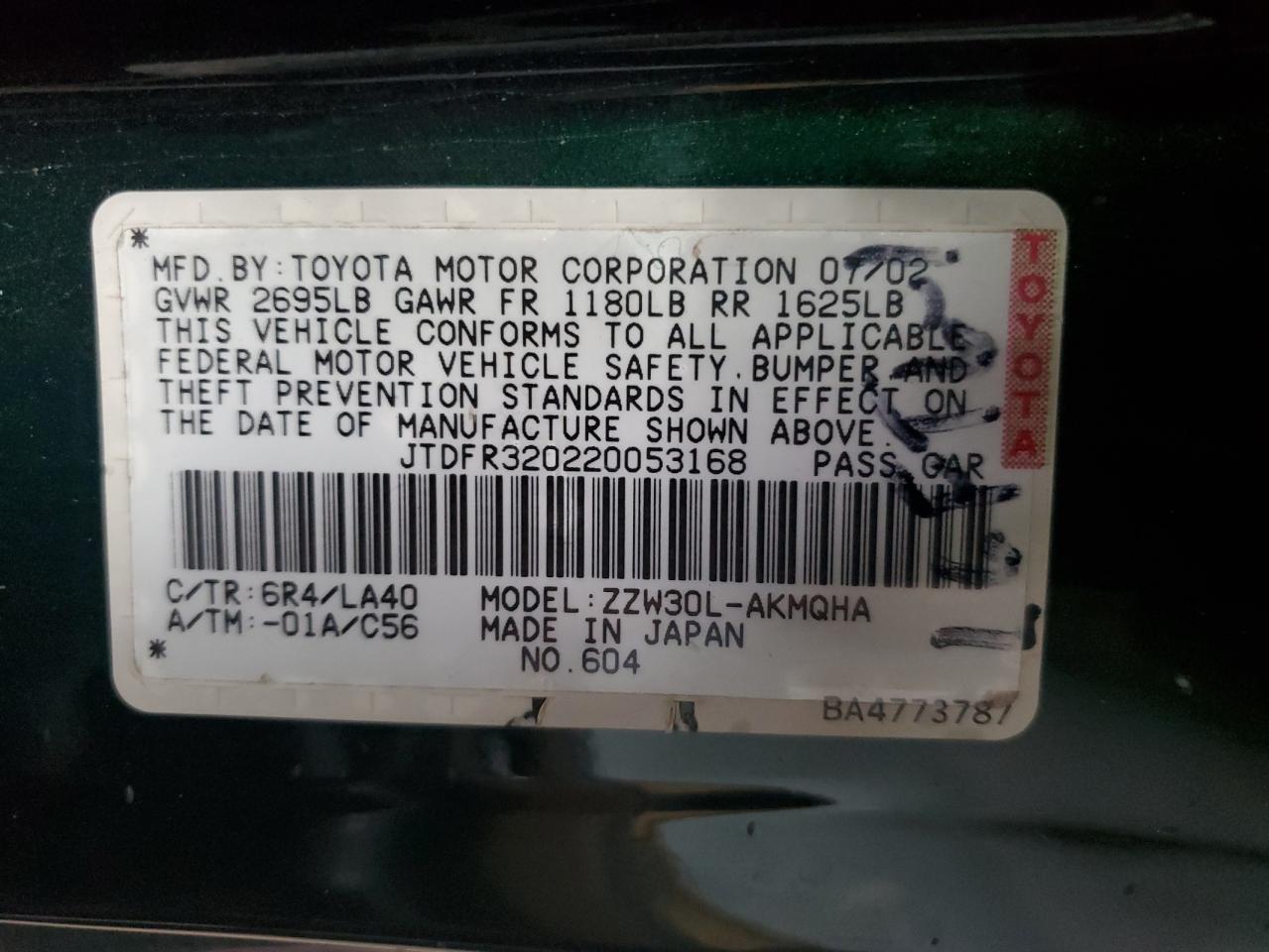 2002 Toyota Mr2 Spyder Green vin: JTDFR320220053168