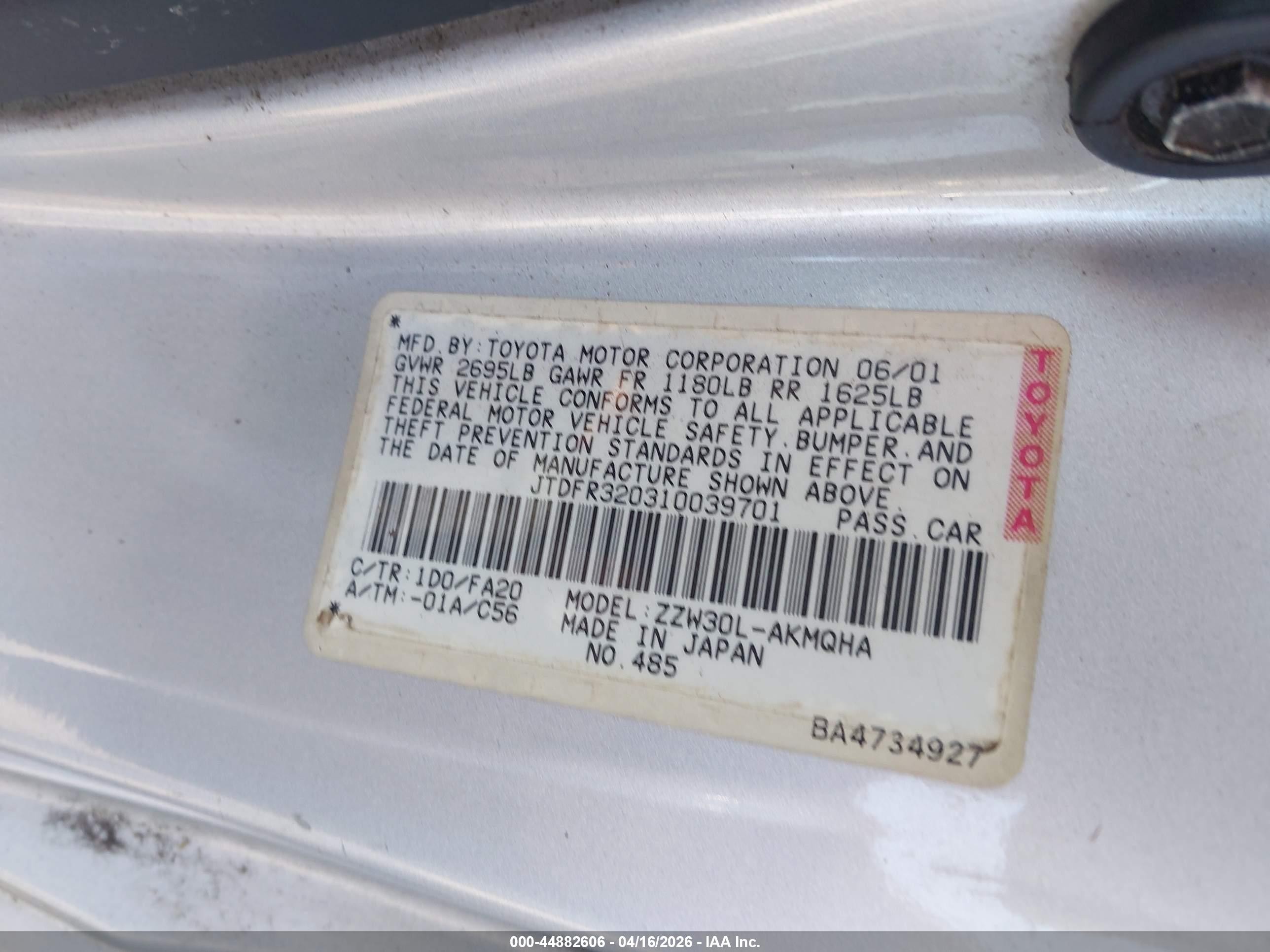 2001 Toyota Mr2 Spyder   Silver vin: JTDFR320310039701