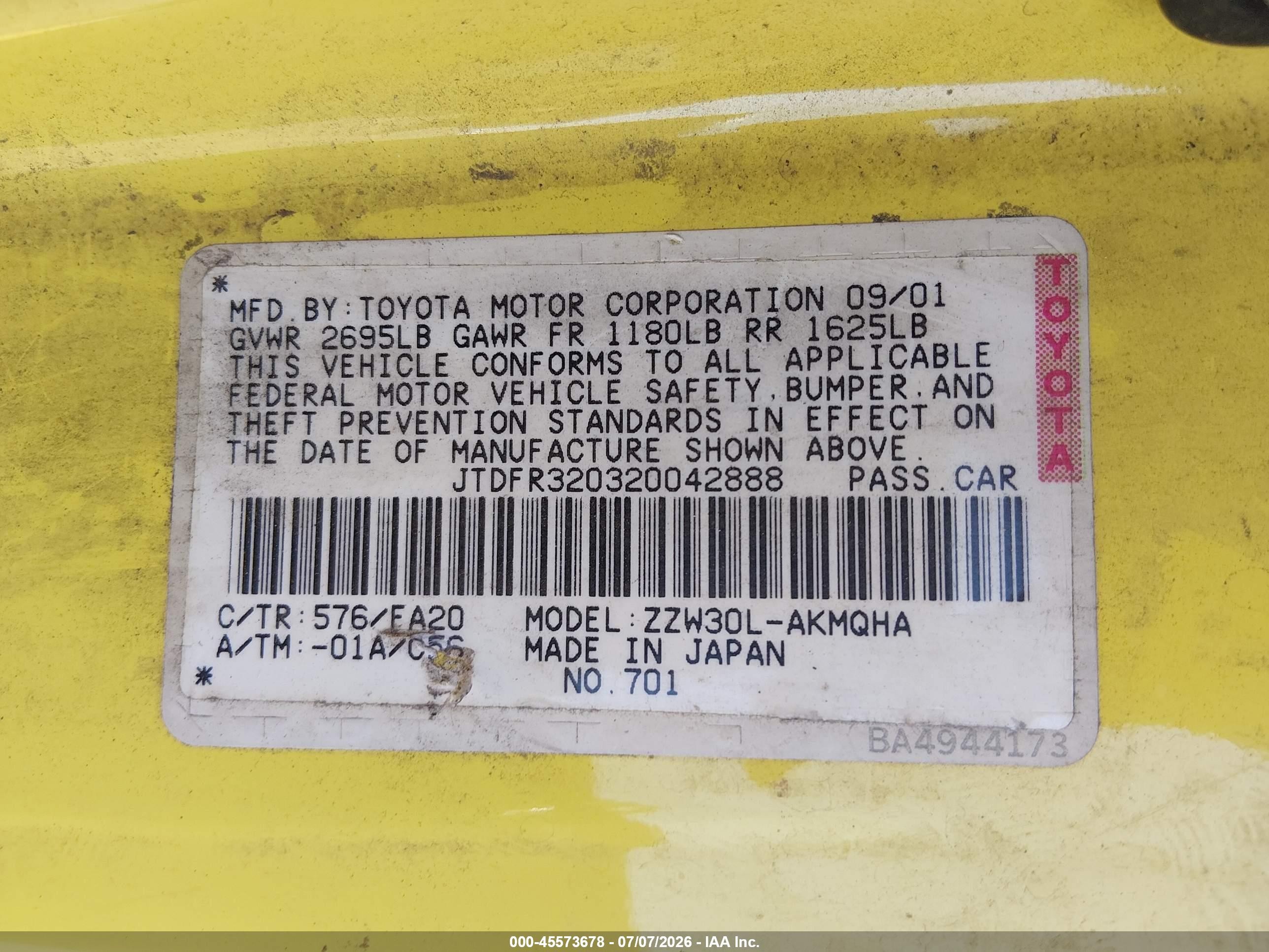 2002 Toyota Mr2 Spyder   Yellow vin: JTDFR320320042888