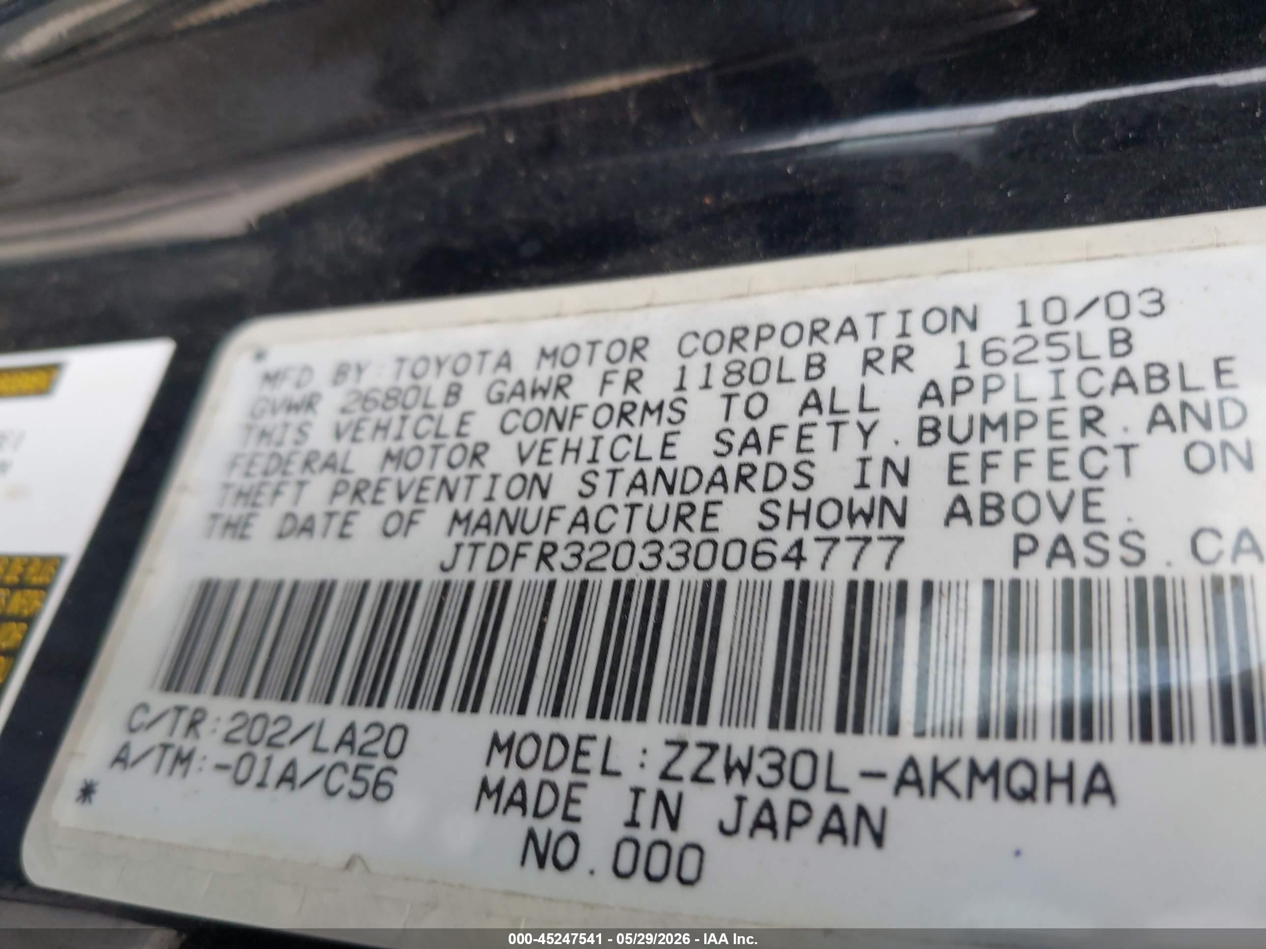 2003 Toyota Mr2 Spyder   Черный vin: JTDFR320330064777