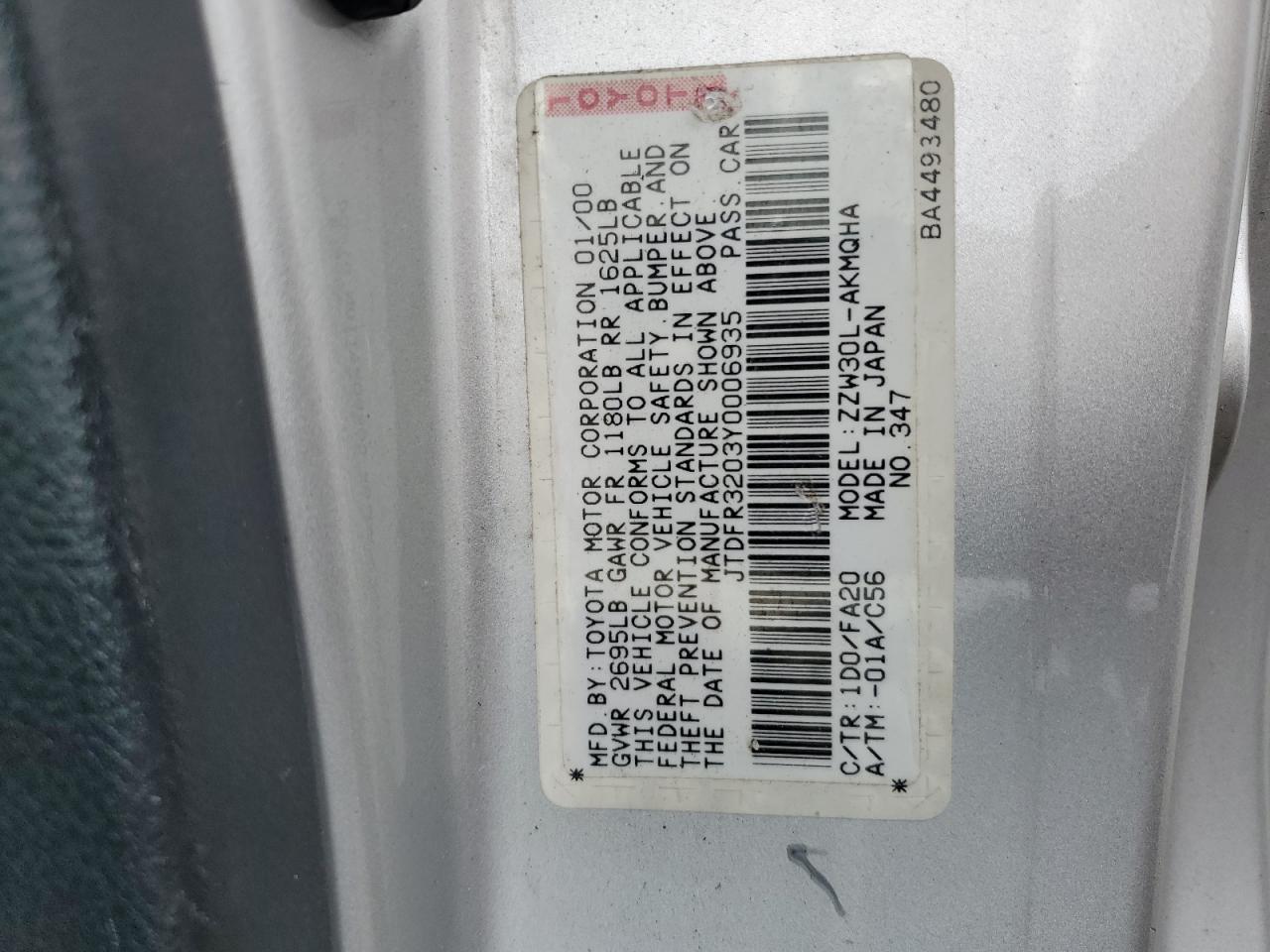 2000 Toyota Mr2 Silver vin: JTDFR3203Y0006935