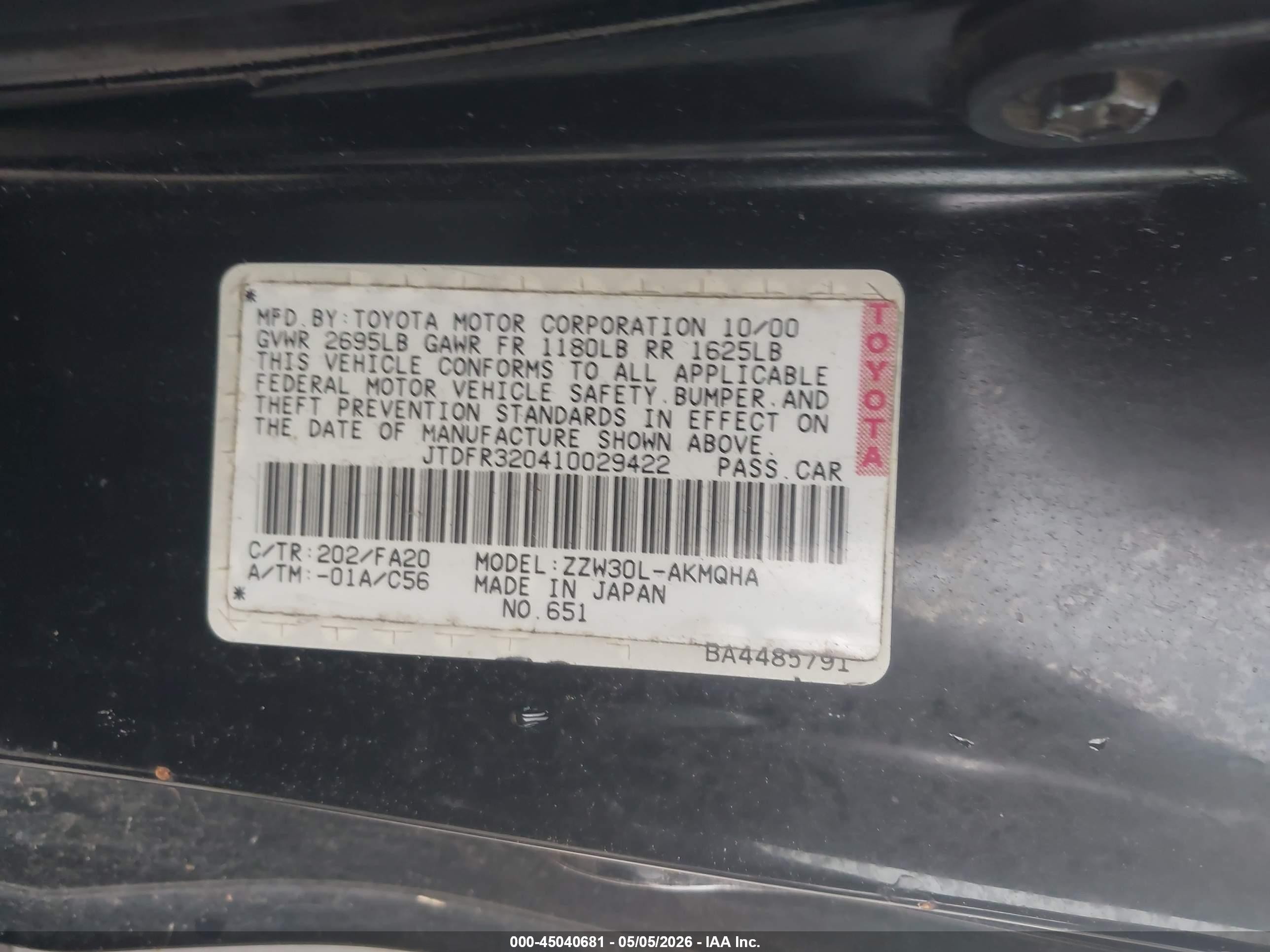 2001 Toyota Mr2 Spyder   Black vin: JTDFR320410029422