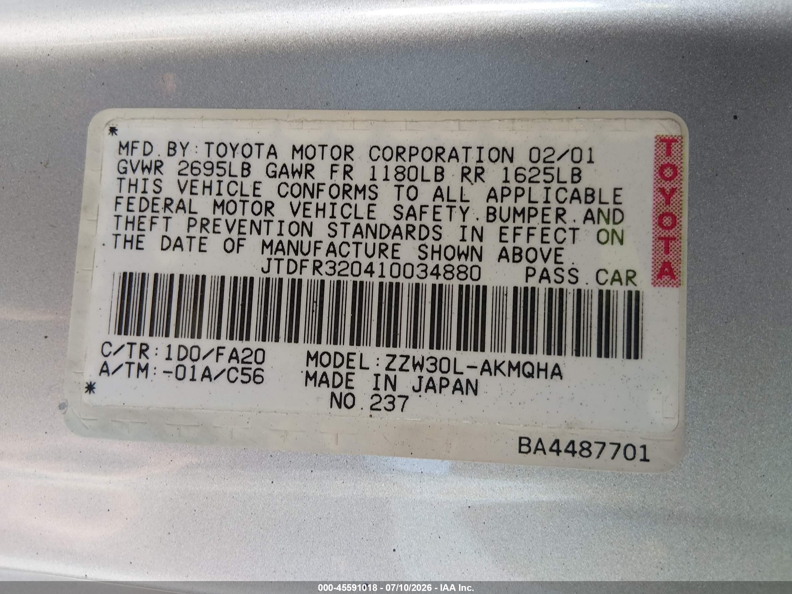 2001 Toyota Mr2 Spyder   Silver vin: JTDFR320410034880