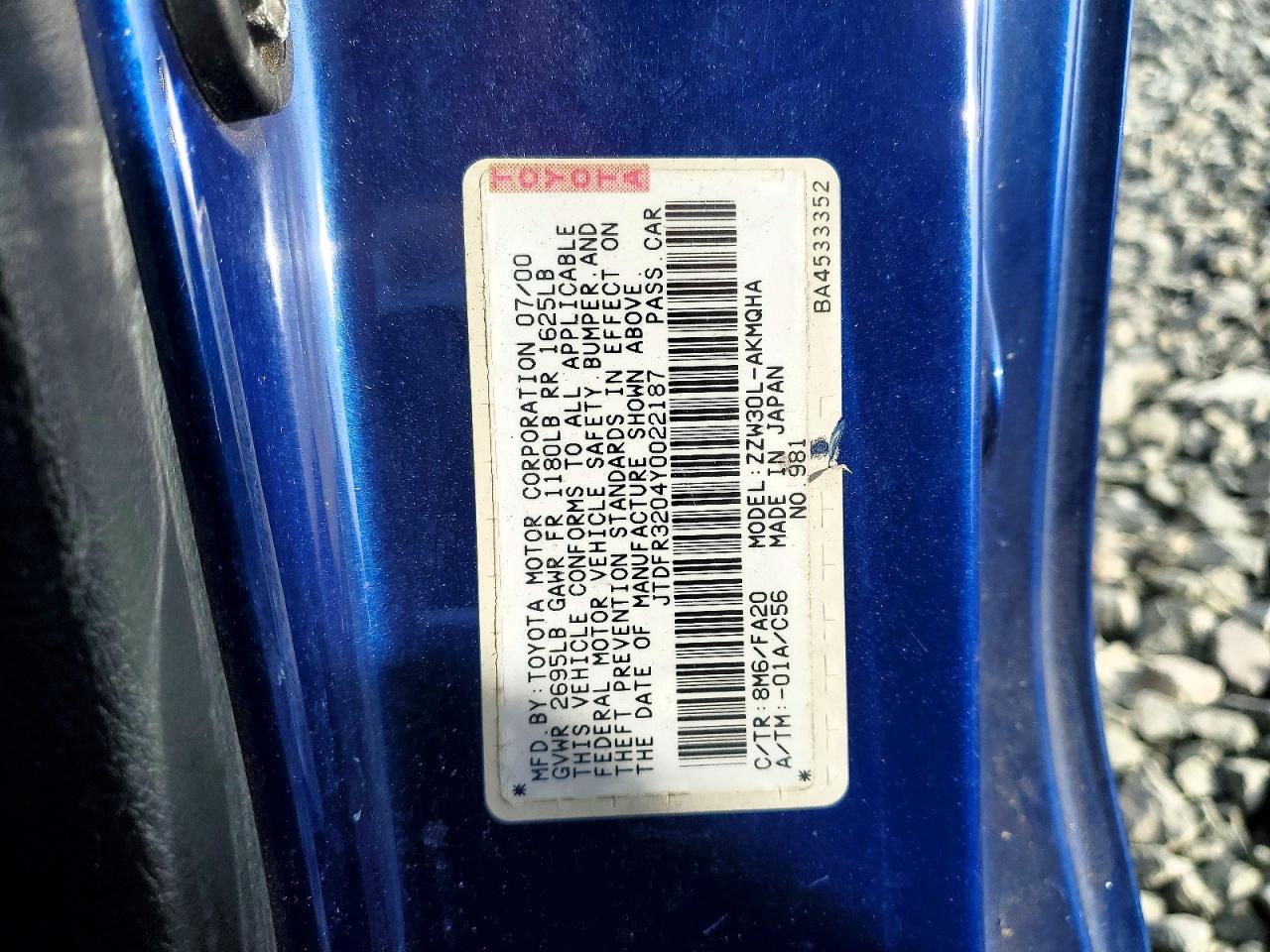 2000 Toyota Mr2 Spyder Base Blue vin: JTDFR3204Y0022187
