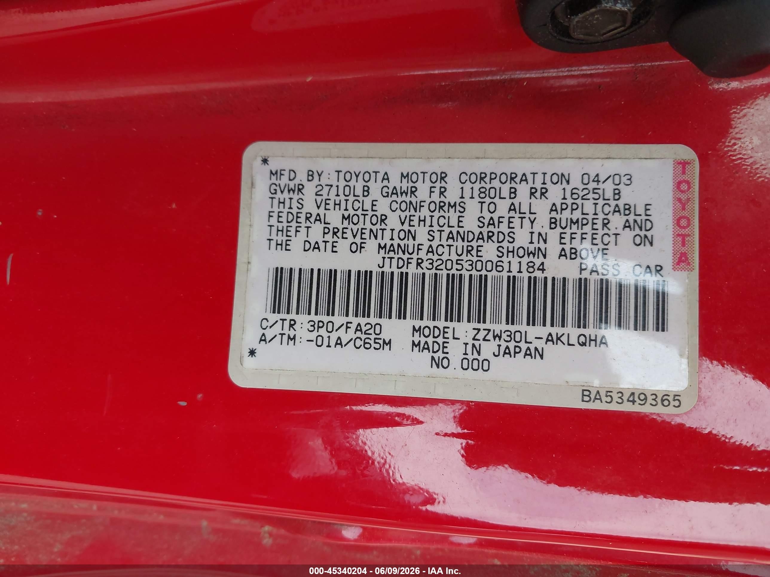 2003 Toyota Mr2 Spyder   Red vin: JTDFR320530061184
