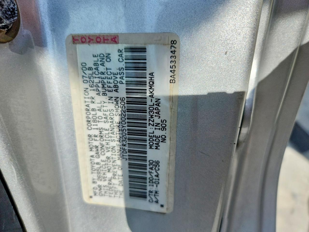 2000 Toyota Mr2 Spyder Silver vin: JTDFR3205Y0022506