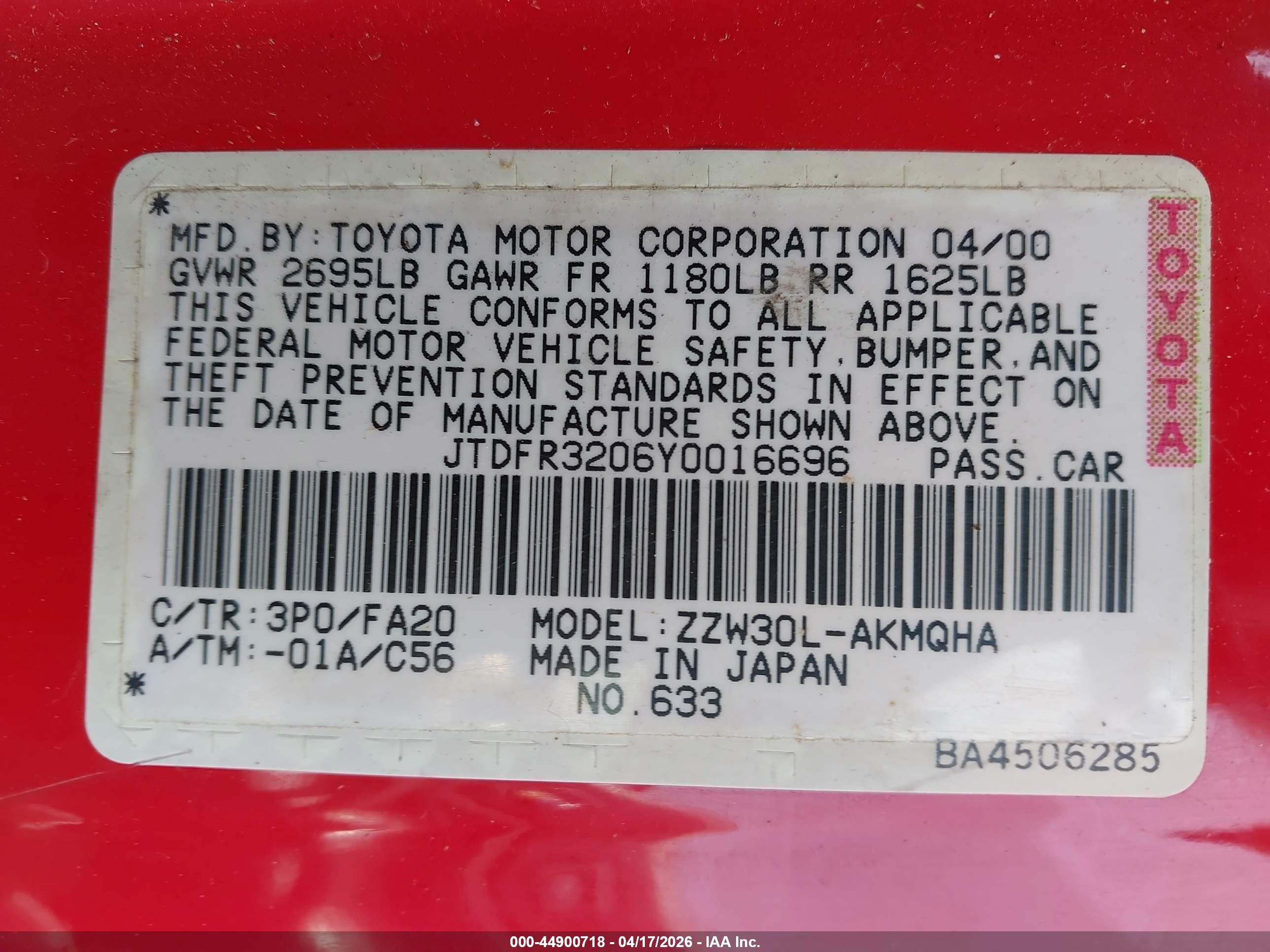 2000 Toyota Mr2 Spyder   Red vin: JTDFR3206Y0016696
