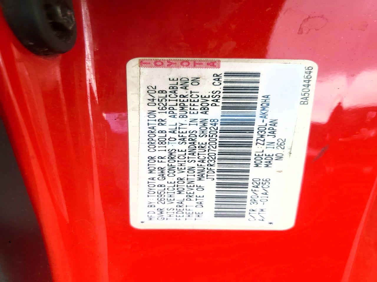 2002 Toyota Mr2 Spyder Red vin: JTDFR320720050248