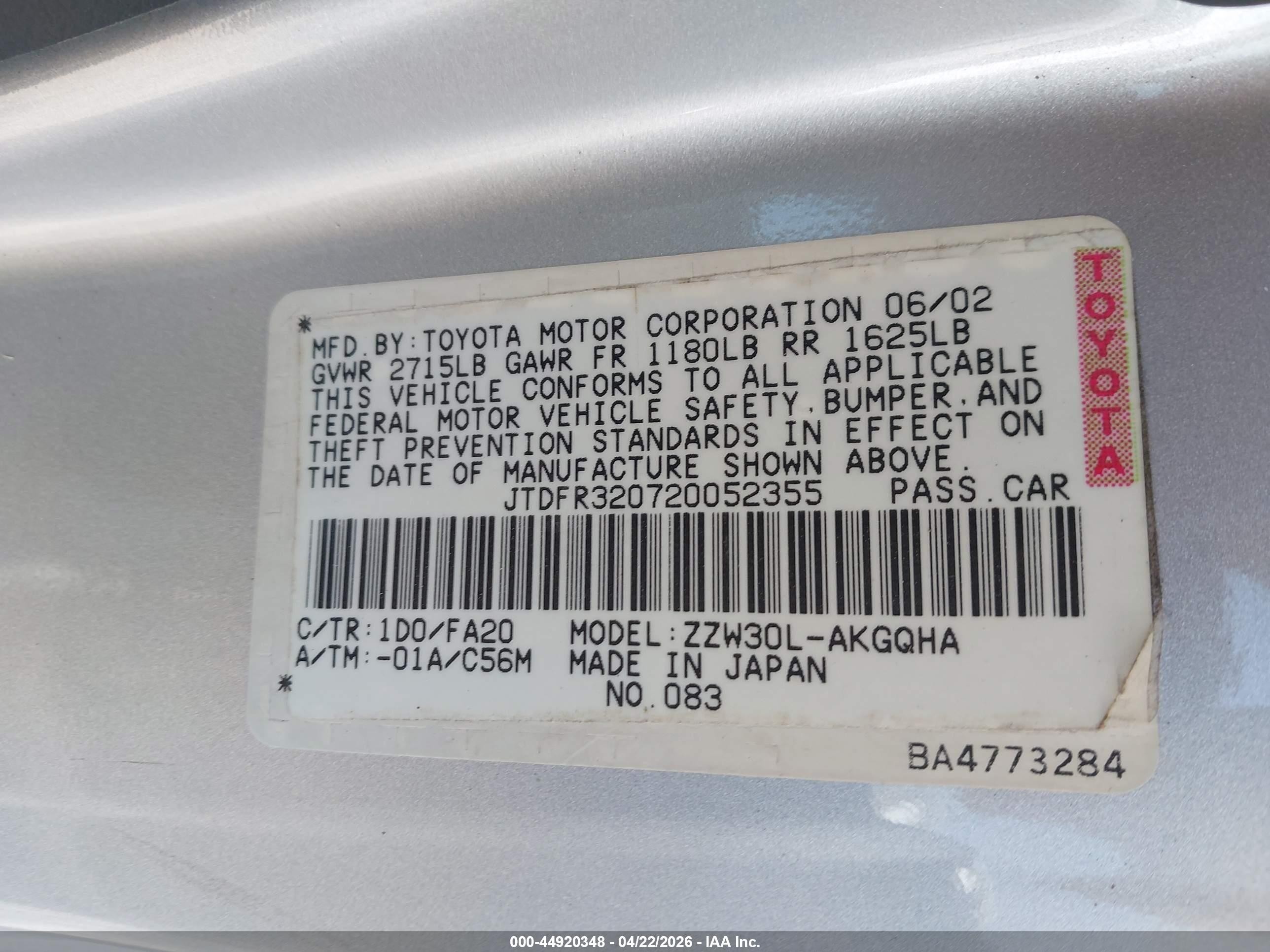 2002 Toyota Mr2 Spyder   Silver vin: JTDFR320720052355