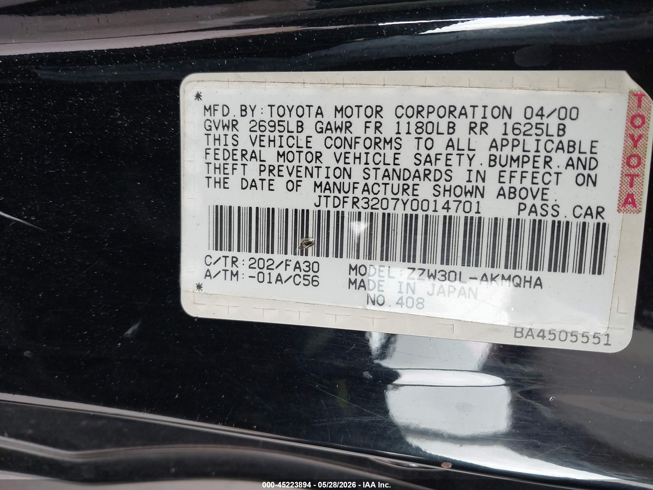 2000 Toyota Mr2 Spyder   Black vin: JTDFR3207Y0014701