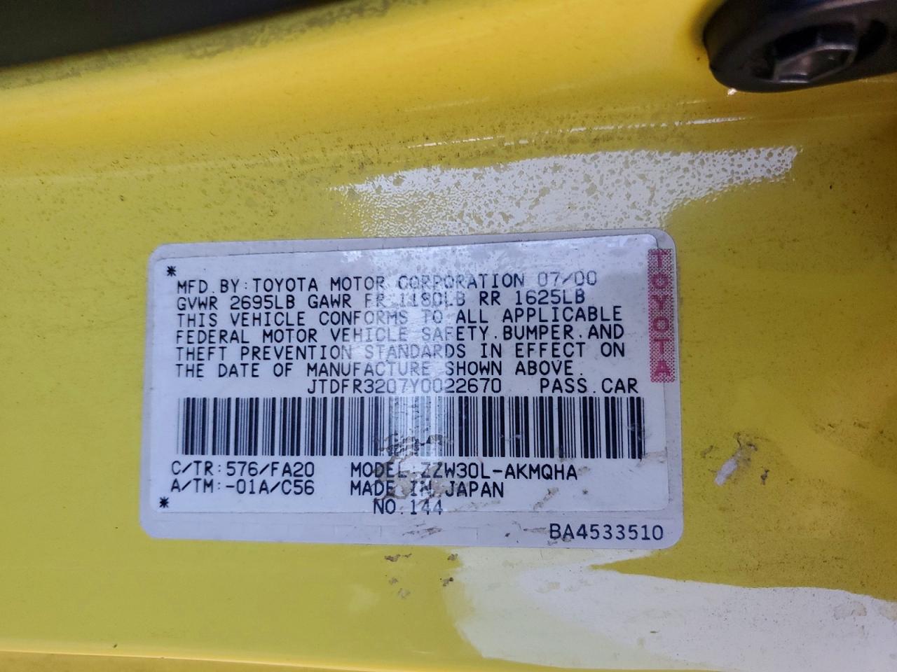 2000 Toyota Mr2 Spyder Yellow vin: JTDFR3207Y0022670