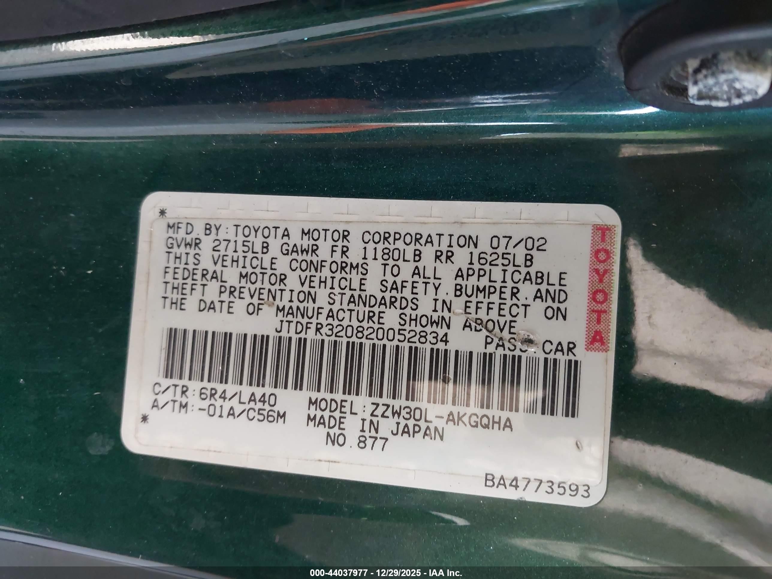 2002 Toyota Mr2 Spyder   Green vin: JTDFR320820052834