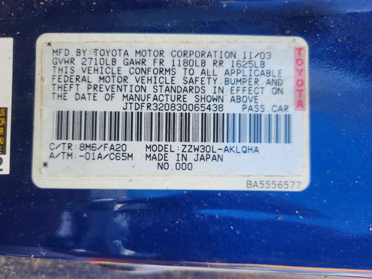 2003 Toyota Mr2 Spyder Blue vin: JTDFR320830065438