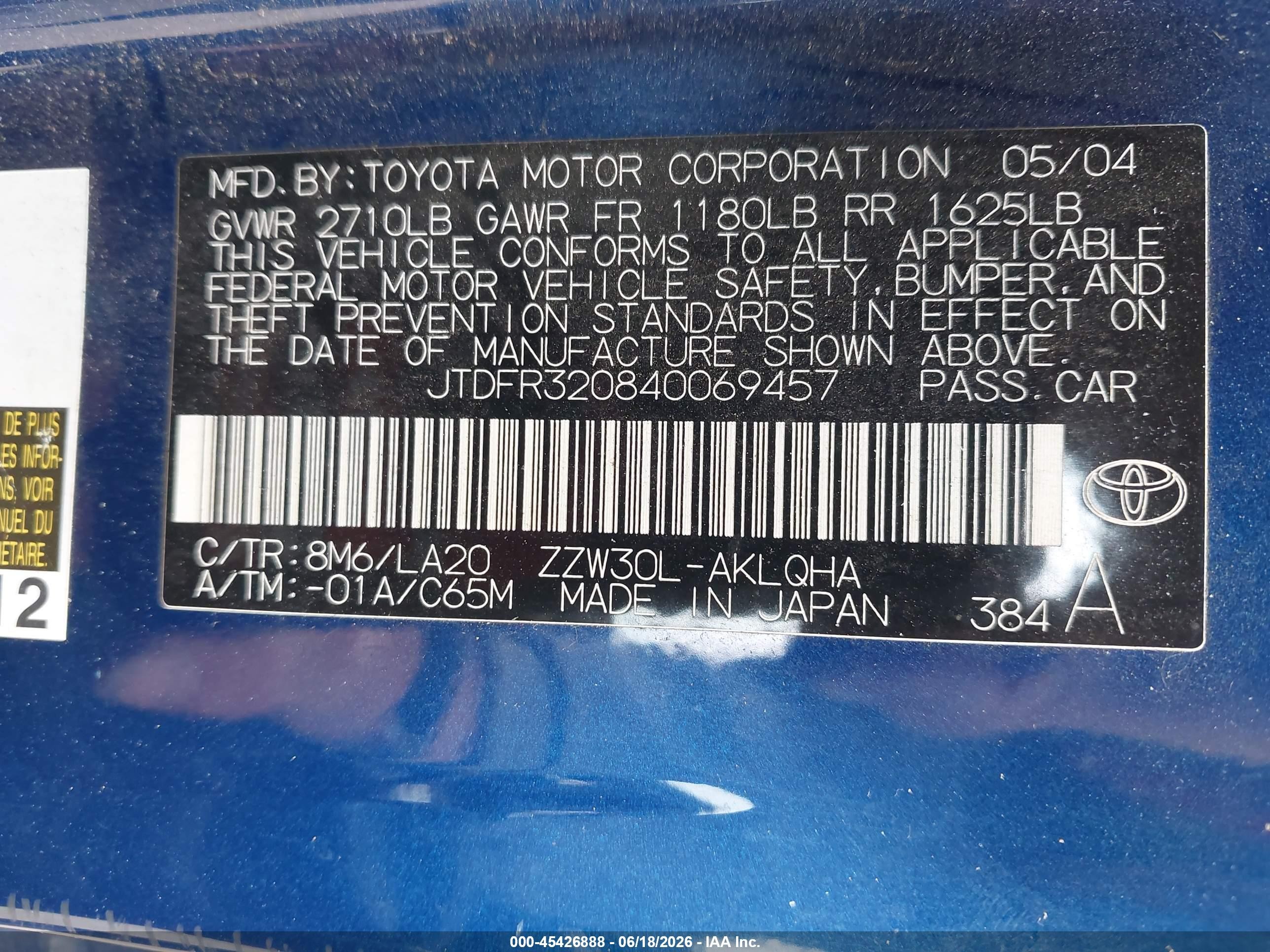 2004 Toyota Mr2 Spyder   Blue vin: JTDFR320840069457
