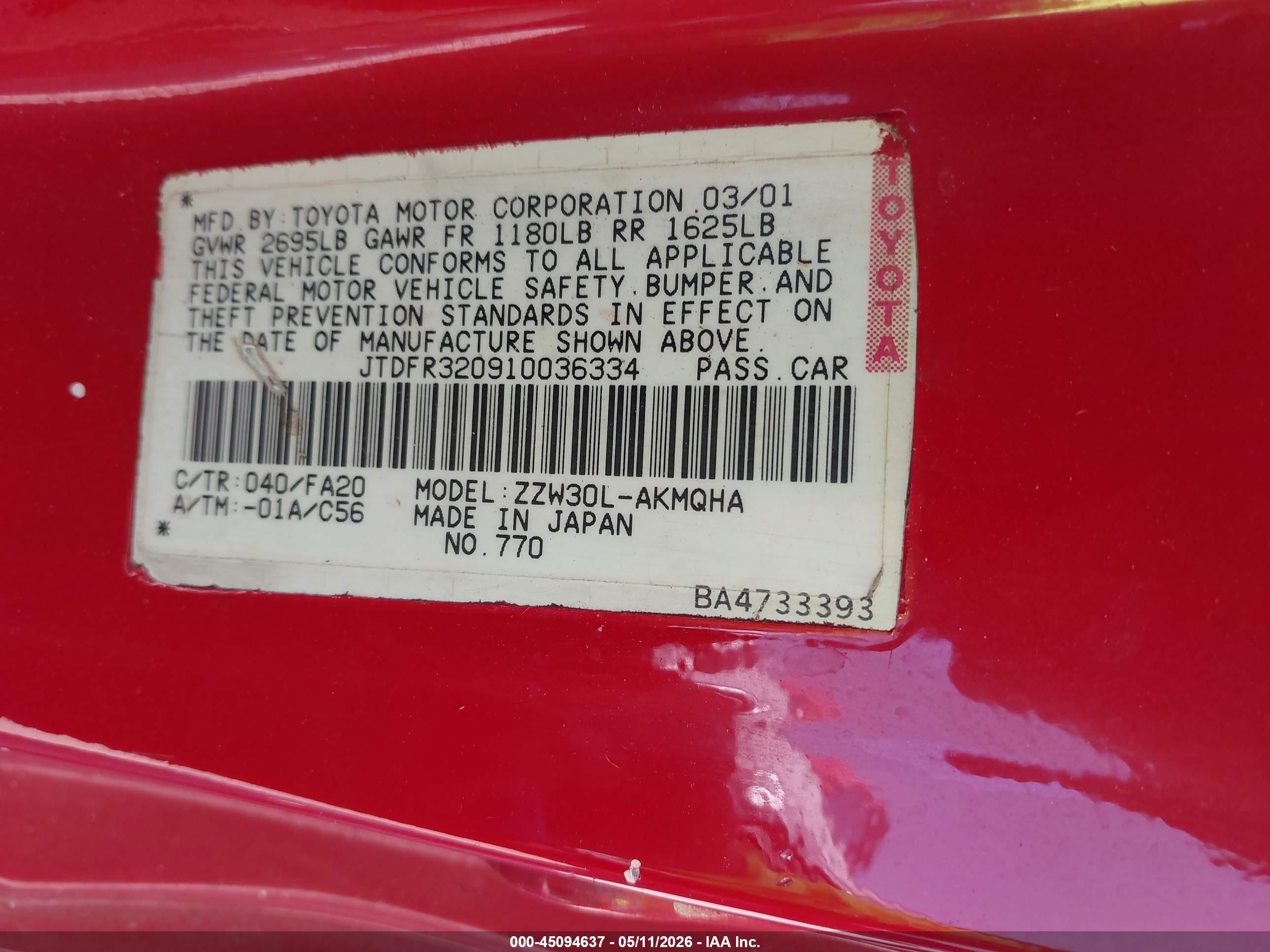 2001 Toyota Mr2 Spyder   Red vin: JTDFR320910036334