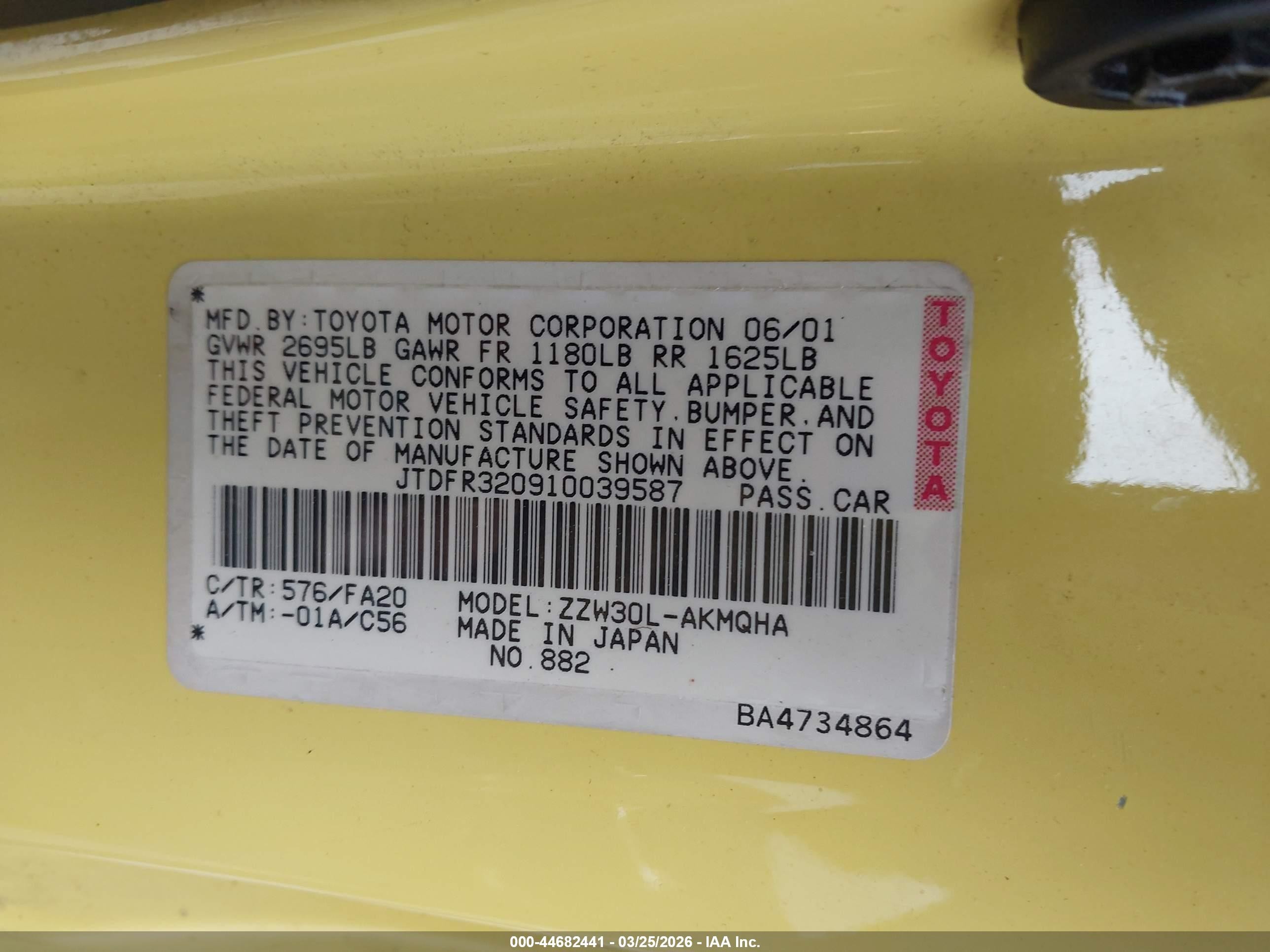 2001 Toyota Mr2 Spyder   Yellow vin: JTDFR320910039587