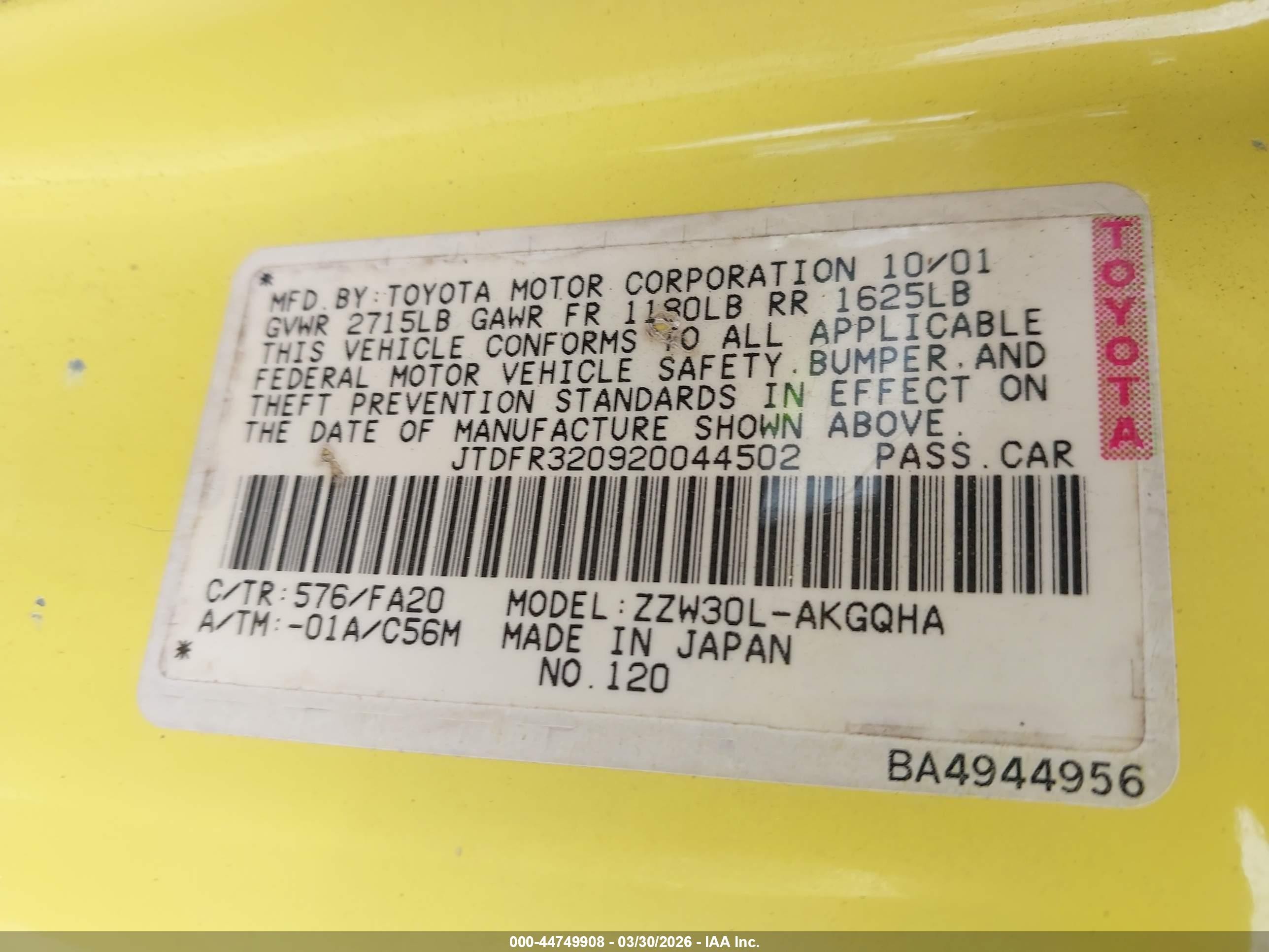 2002 Toyota Mr2 Spyder   Yellow vin: JTDFR320920044502