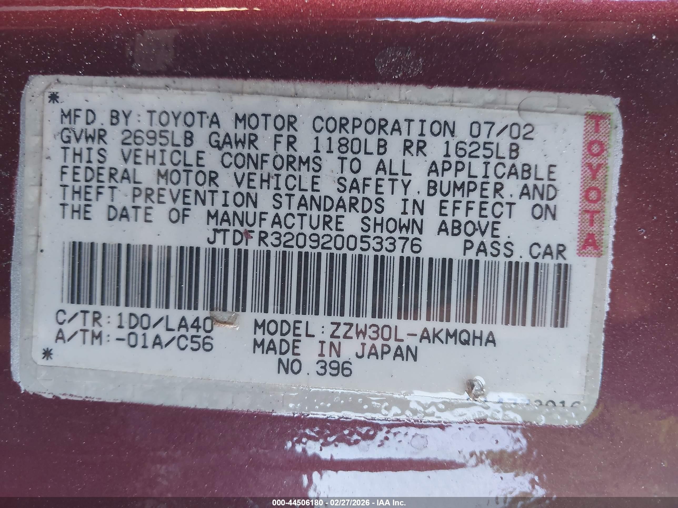 2002 Toyota Mr2 Spyder   Maroon vin: JTDFR320920053376