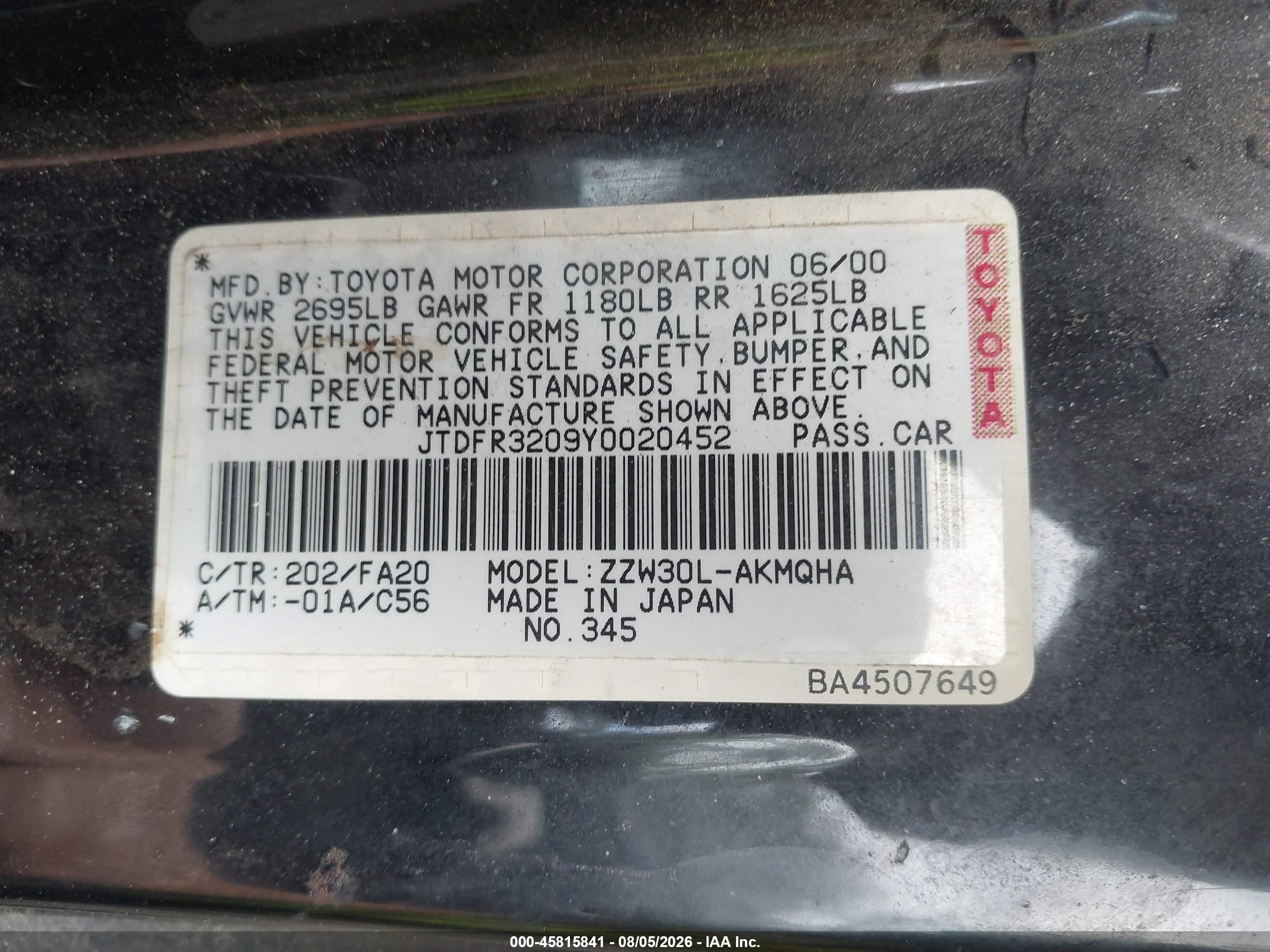 2000 Toyota Mr2 Spyder   Black vin: JTDFR3209Y0020452